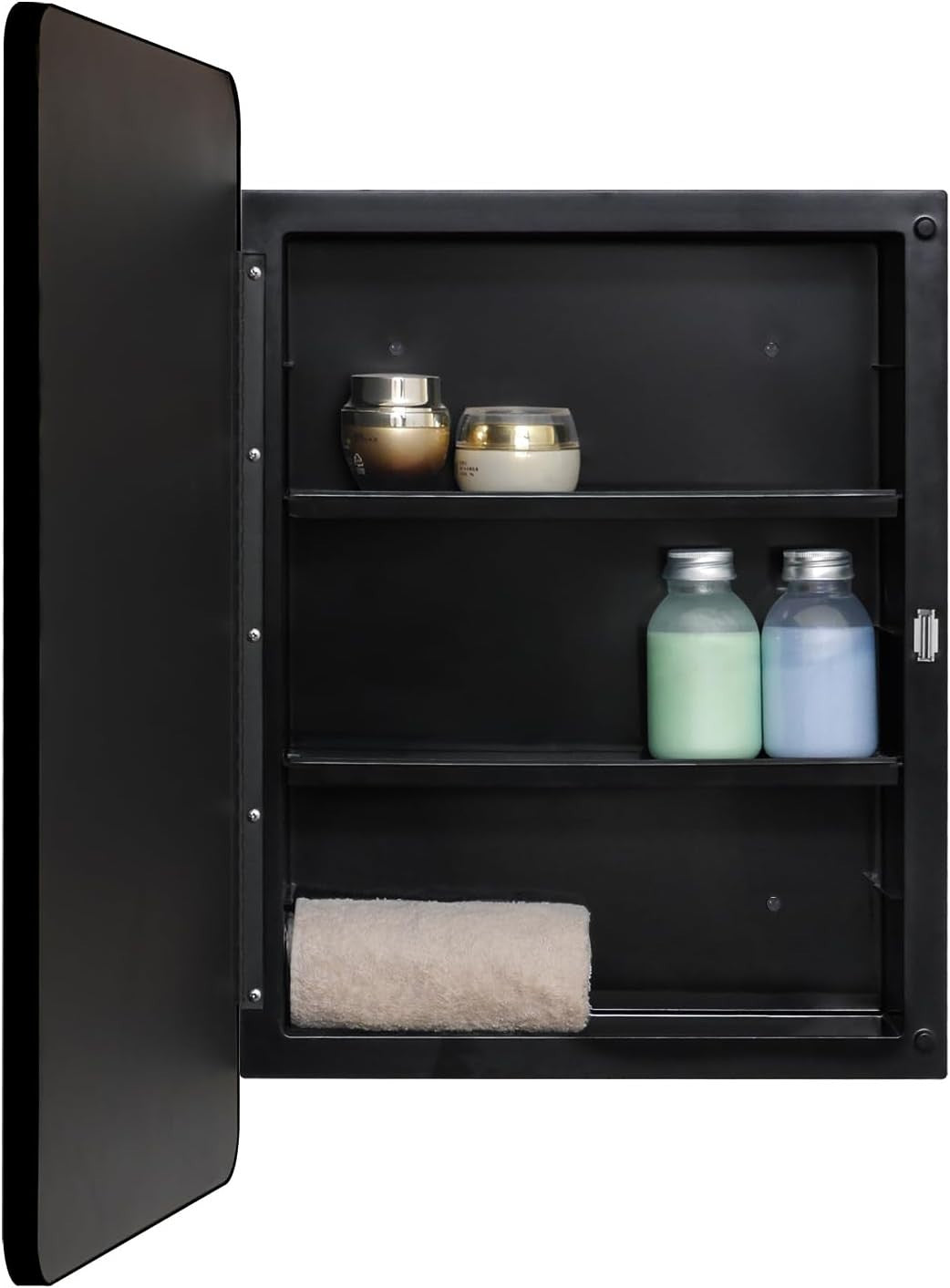 Wall-Mount Black Plastic Mirror Cabinet with Lockable Door & Adjustable Shelves