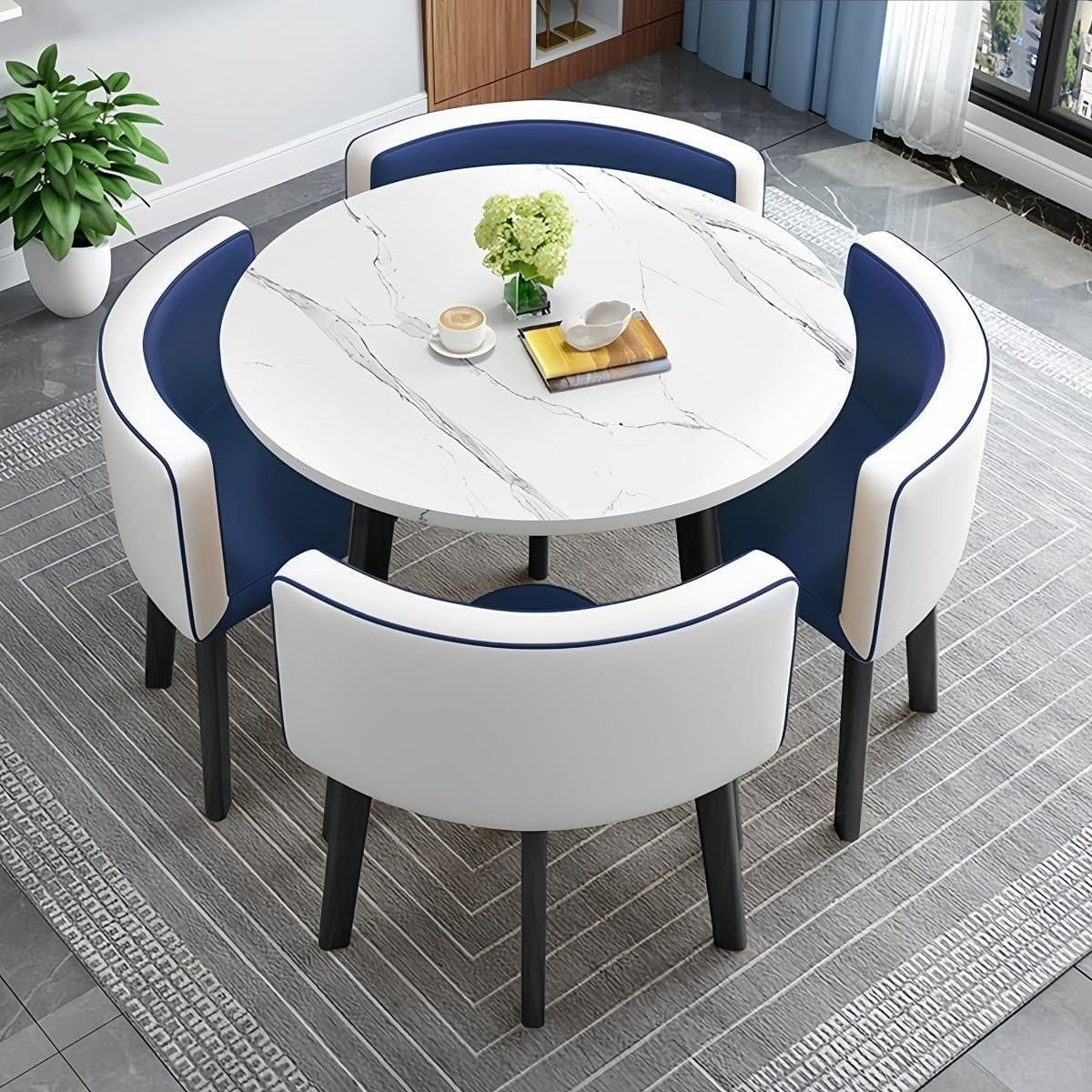 Round Dining Table Set Blue 4 Chairs, Faux Leather Space Saving Modern Kitchen