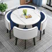 Round Dining Table Set Blue 4 Chairs, Faux Leather Space Saving Modern Kitchen