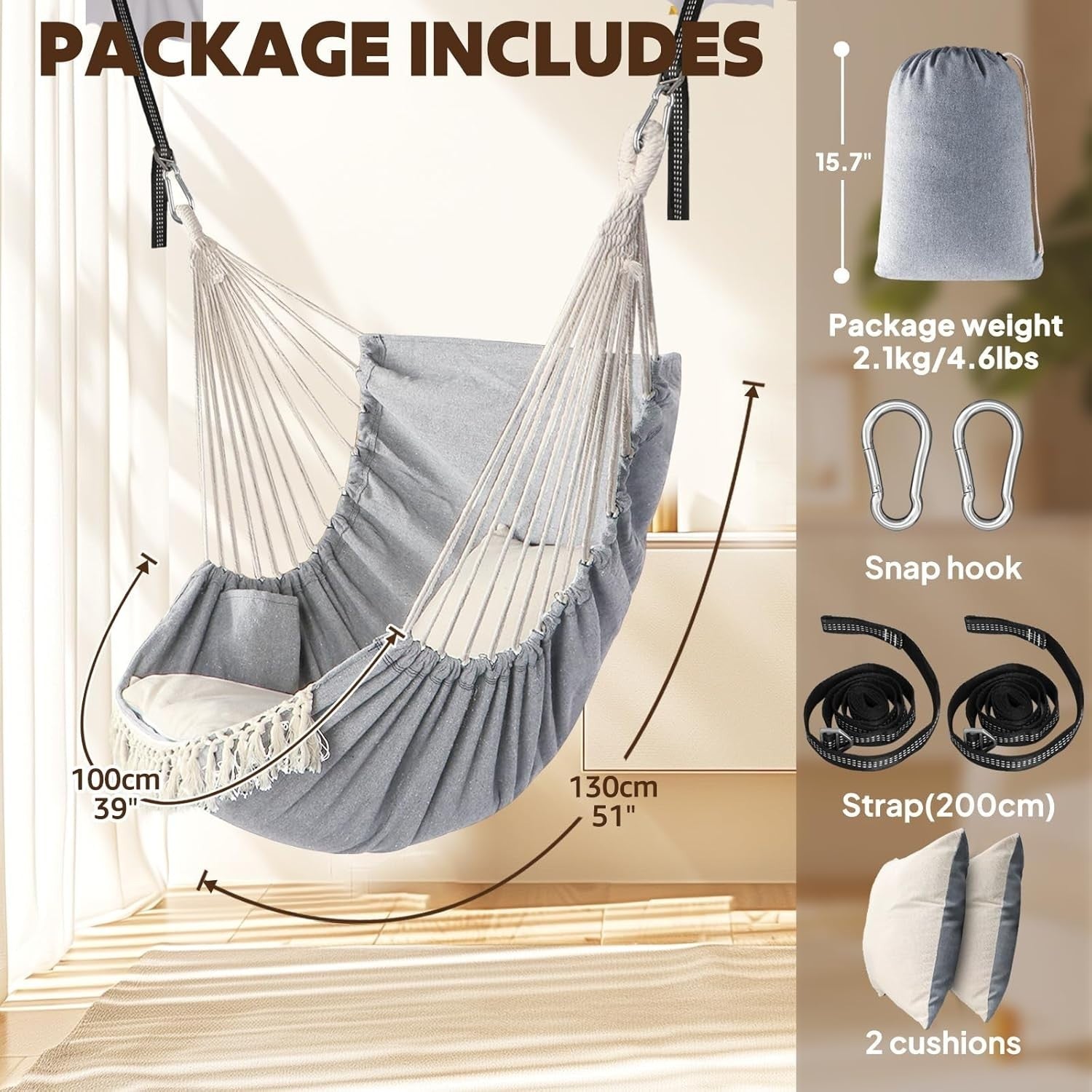 Hammock Chair with 2 Cushions & Straps | 550lbs Indoor Outdoor Swing Seat