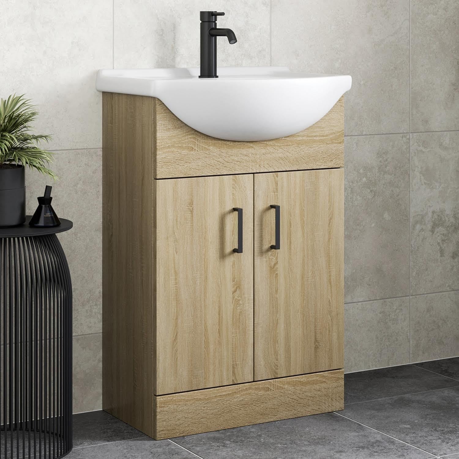 560mm Oak Effect Vanity Sink Unit – Freestanding Bathroom Basin Cabinet