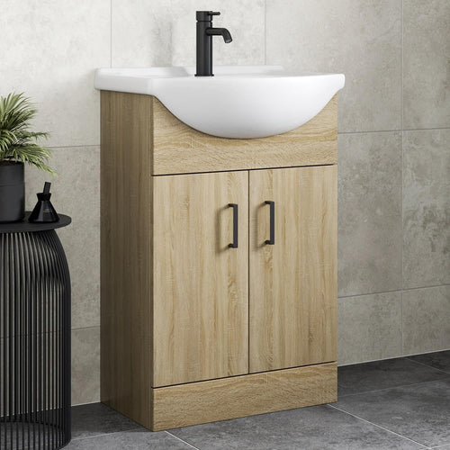 560mm Oak Effect Vanity Sink Unit – Freestanding Bathroom Basin Cabinet
