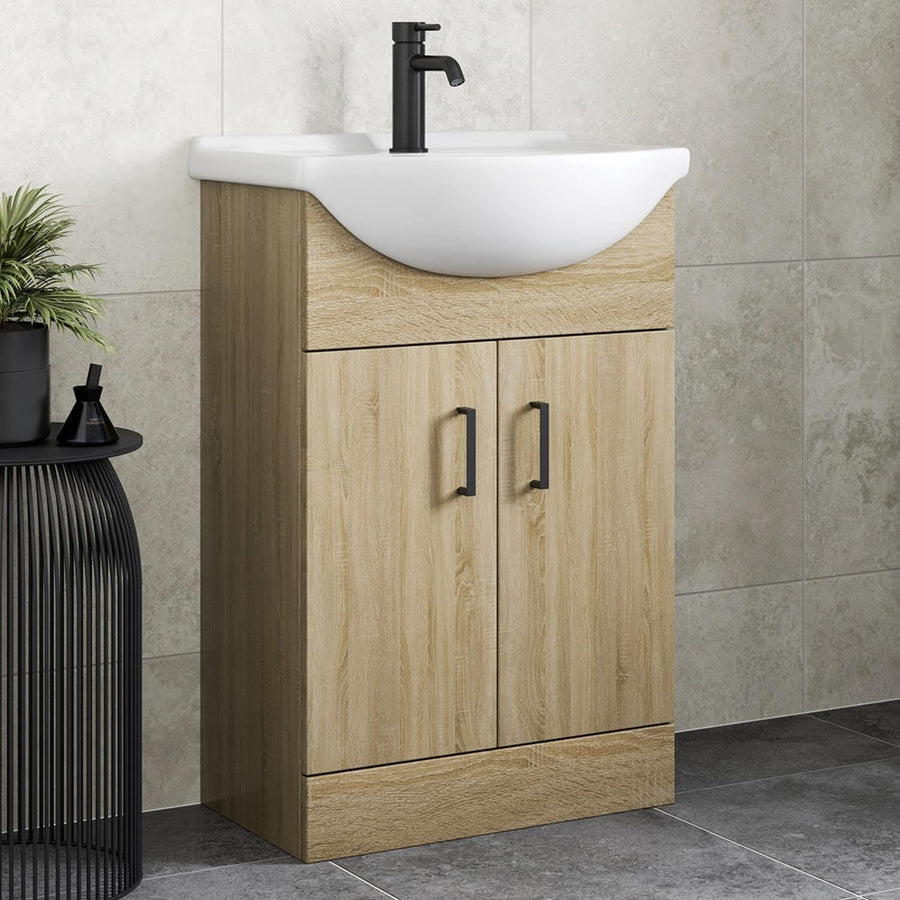 560mm Oak Effect Vanity Sink Unit – Freestanding Bathroom Basin Cabinet