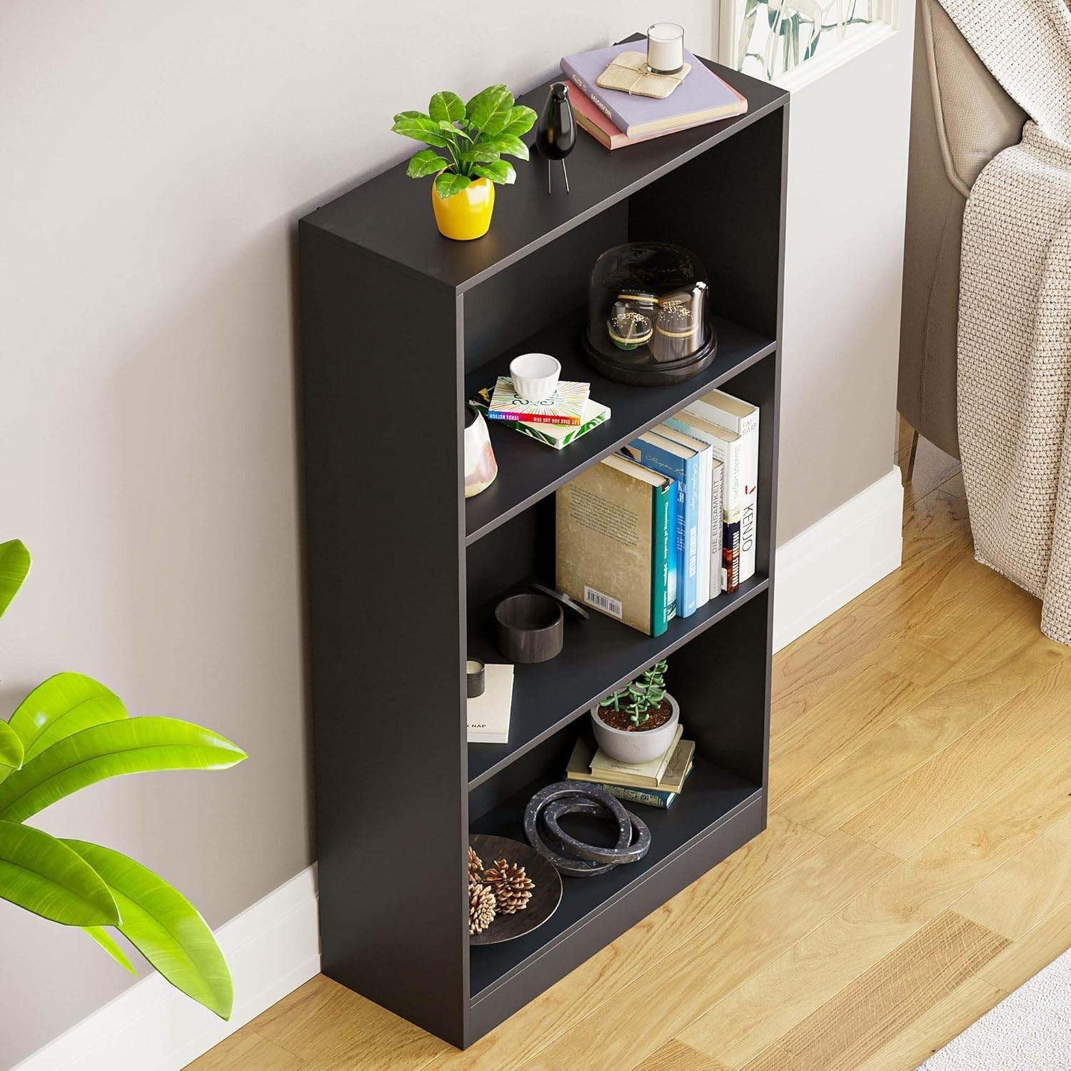 3 Tier Black Wooden Bookcase Modern Storage Display Shelf for Living Room Medium