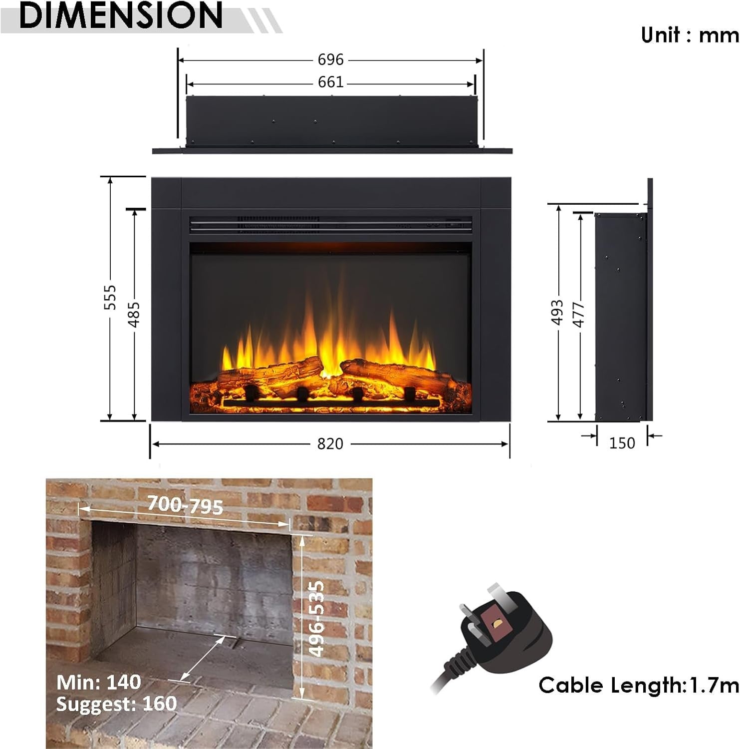 Electric Fireplace Insert 82cm Built-In LED Flame Heater Remote Control