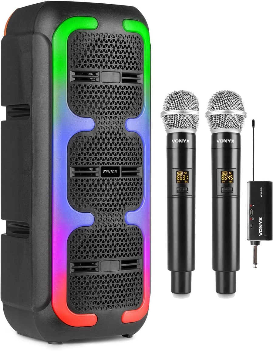 Bluetooth Karaoke Speaker 2 Wireless Mics LED Party PA System