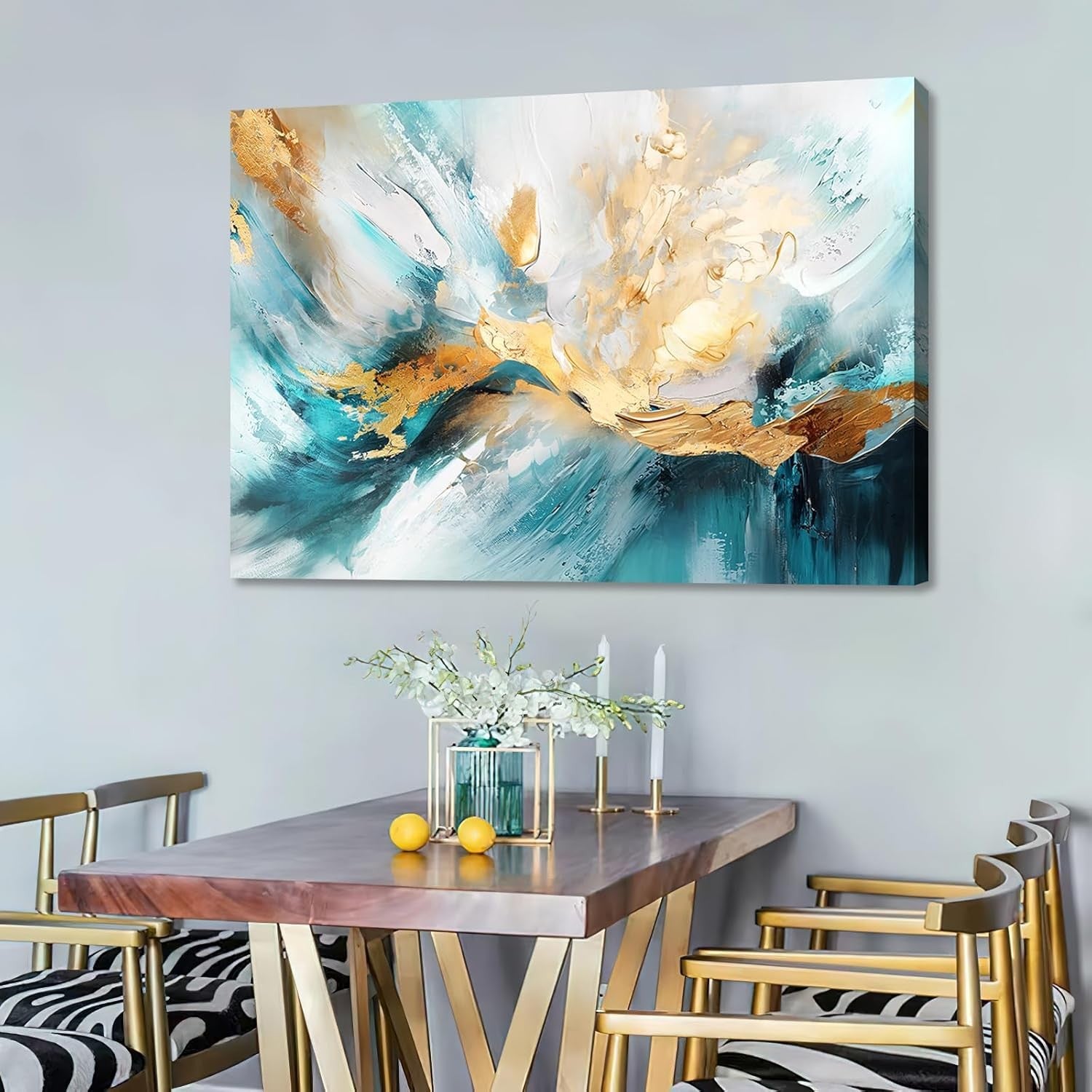 Large Abstract White Green Gold Canvas Wall Art 120x80 cm Framed