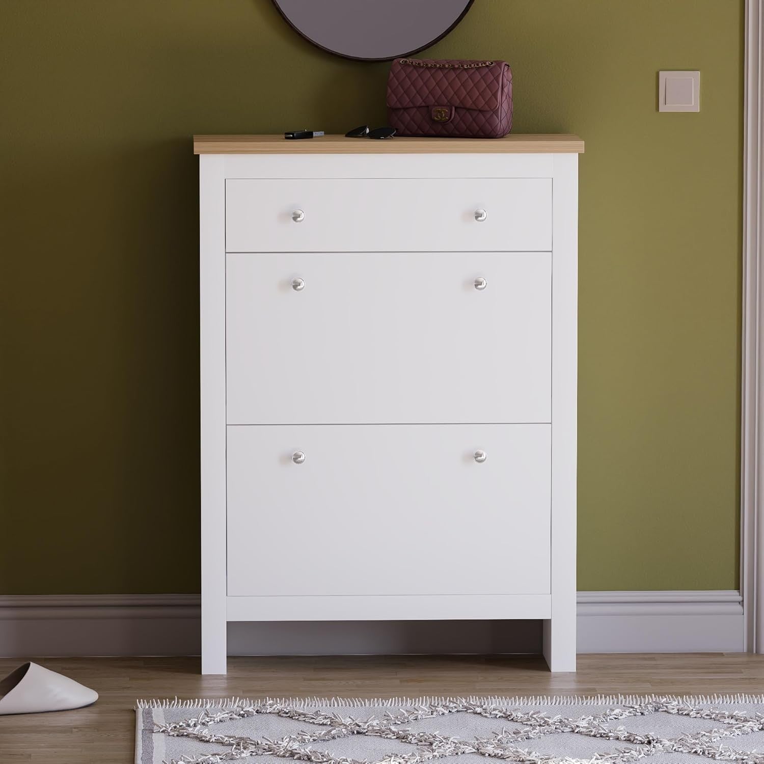 Modern 2-Door Shoe Cabinet with 2 Drawers – Slim White & Oak Storage