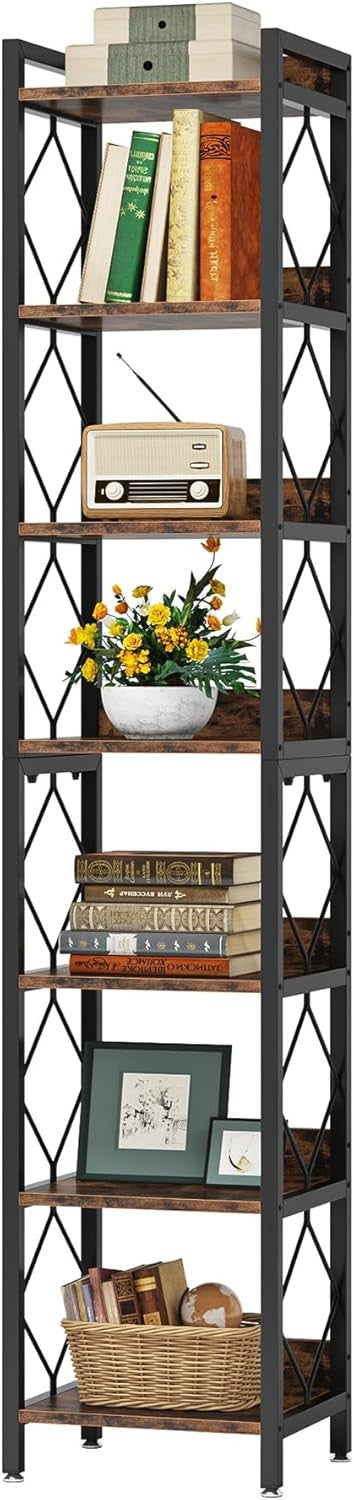 Extra Tall 7-Tier Narrow Bookshelf | 199cm Slim Rustic Display Shelf for Small S