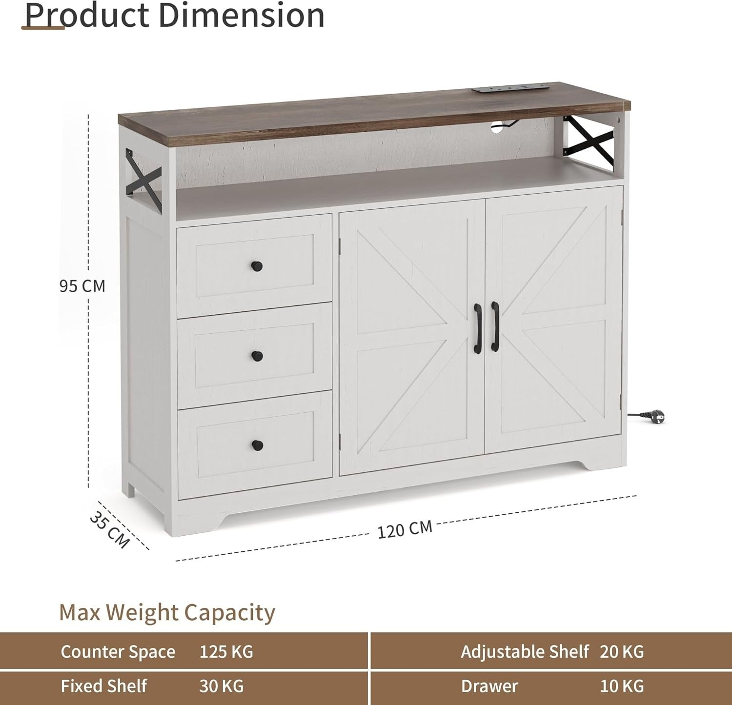 White Sideboard Cabinet 95cm Storage Unit Drawers Adjustable Shelf Charging Hub