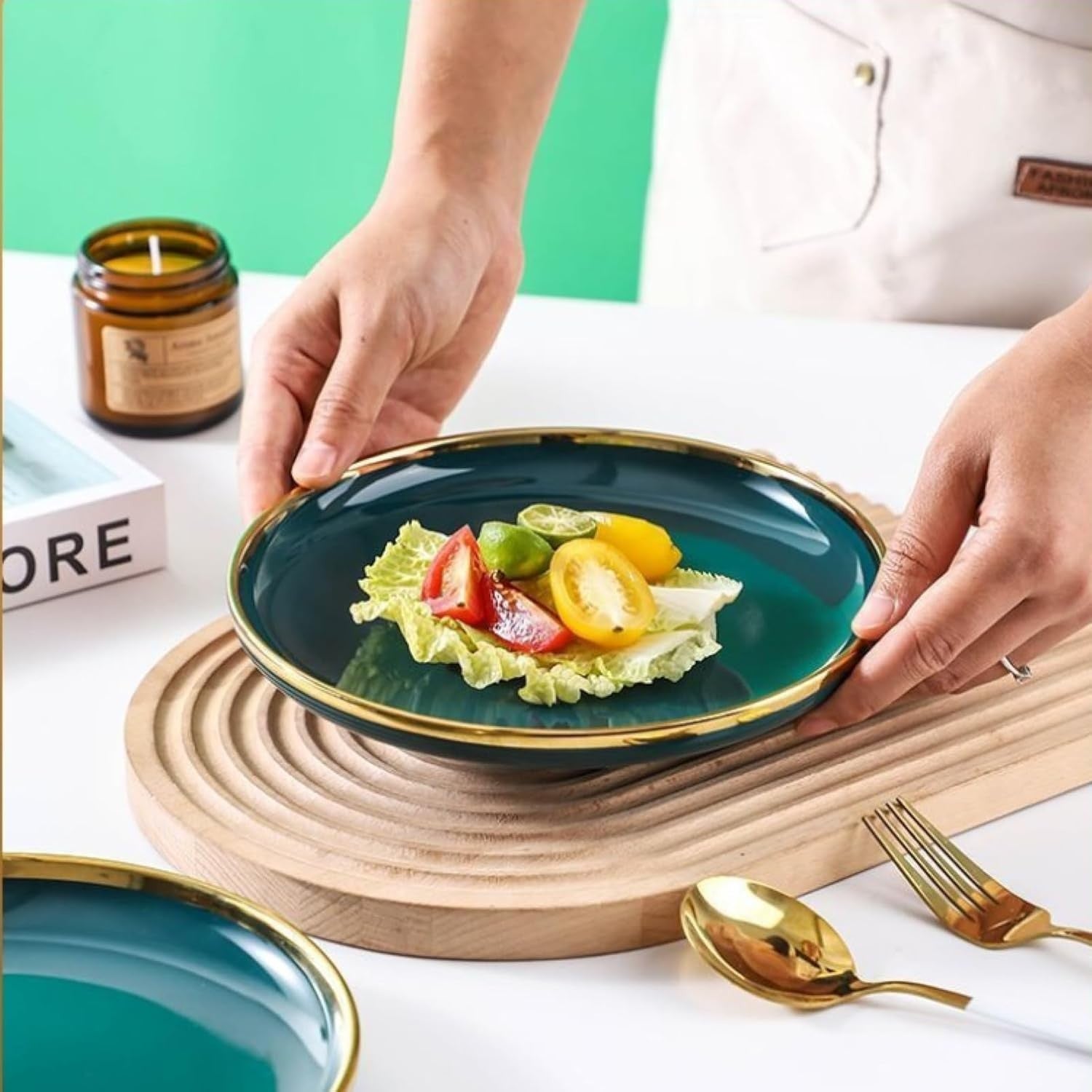 24 Piece Bone China Dinner Set Gold Rim Green Plates Bowls Microwave Safe