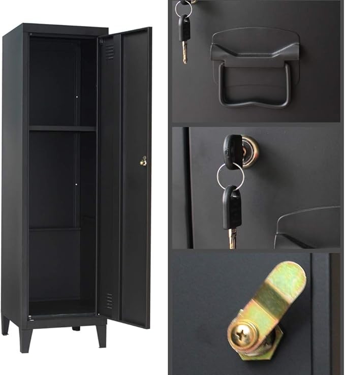 Metal Locker Storage Cabinet Black Steel Office Filing Cupboard 137cm Tall