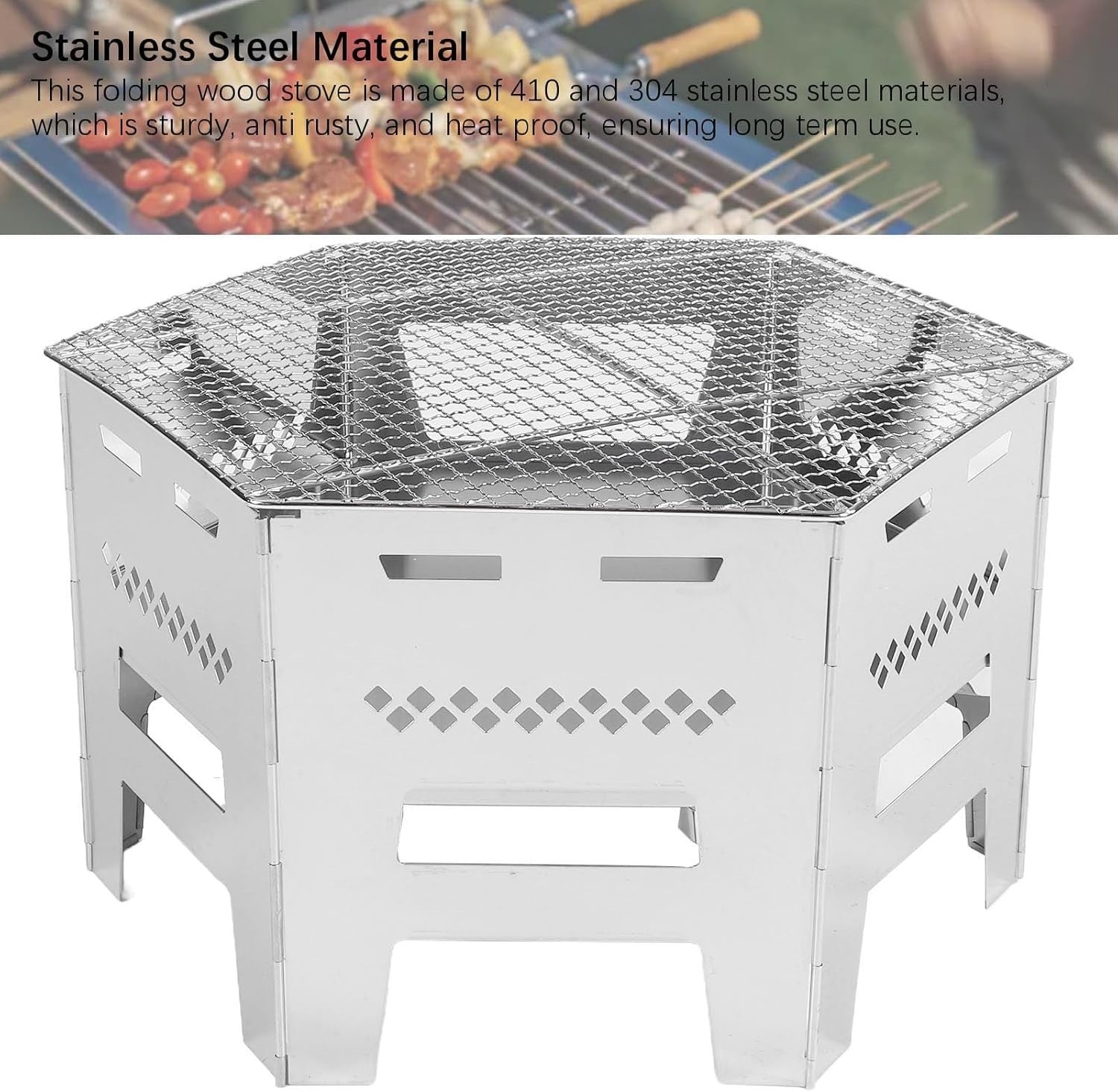 Stainless Steel Foldable Camping Wood Stove BBQ Grill Portable Outdoor Cooking