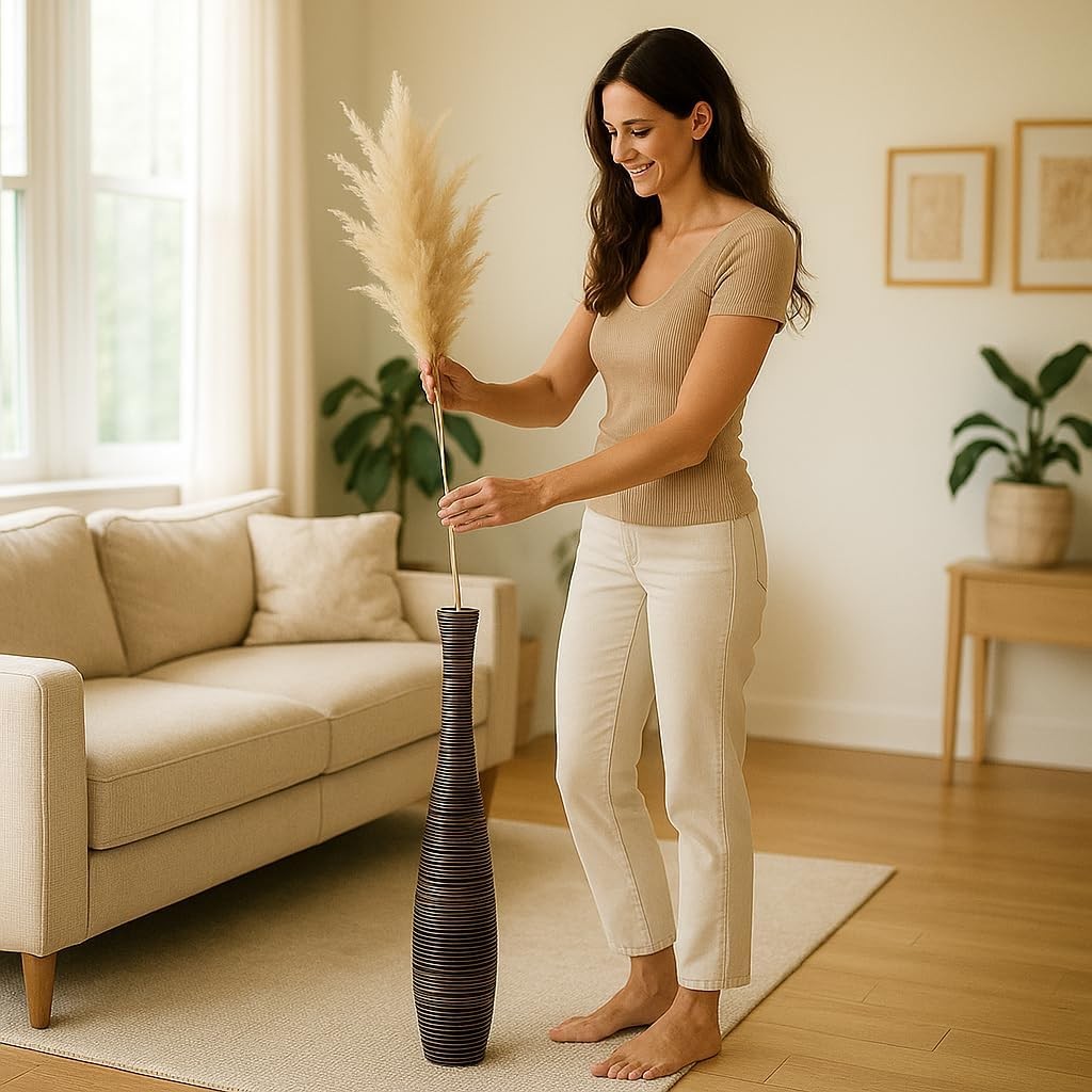 Brown Floor Vase 65cm Tall Wooden Decor for Pampas Grass