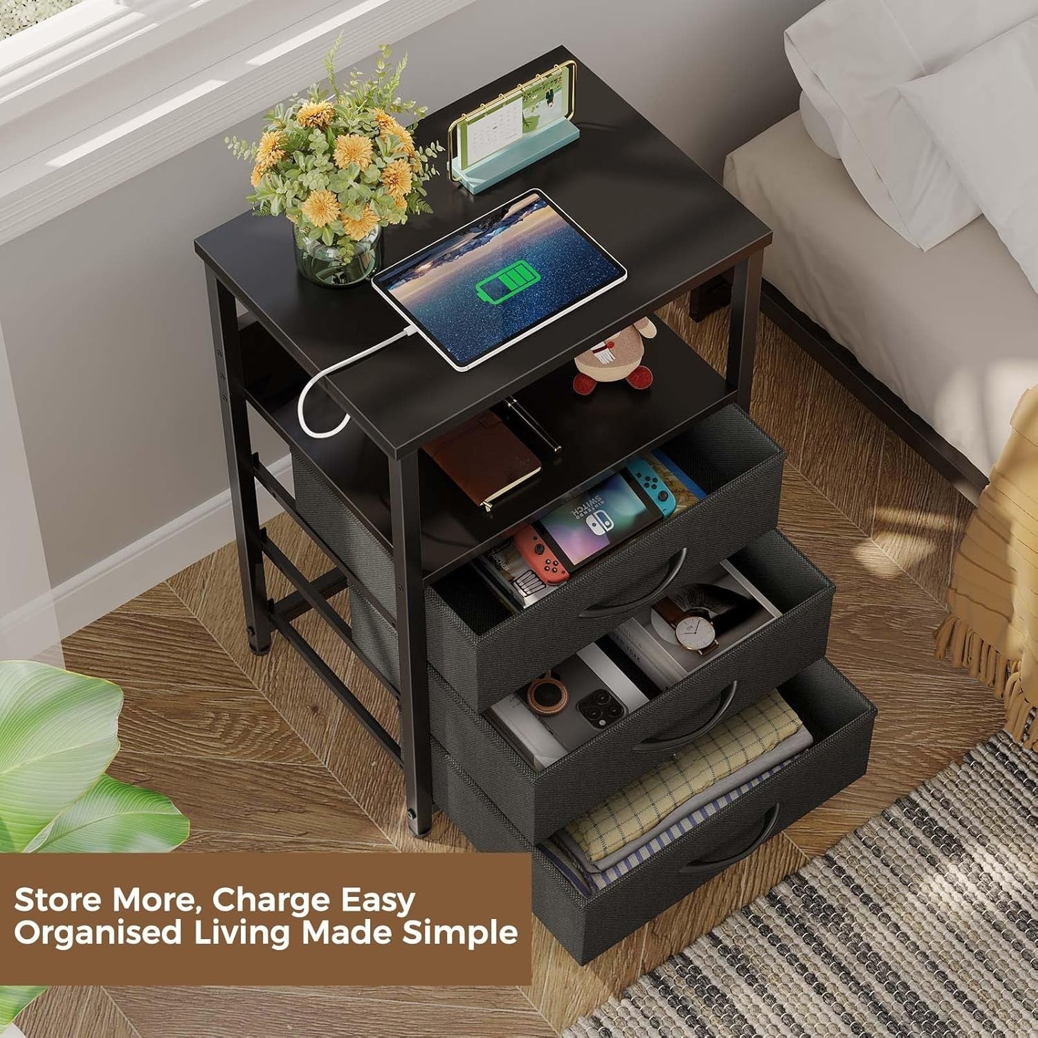 Set of 2 Black LED Bedside Tables with USB Charging | 3-Drawer Nightstands