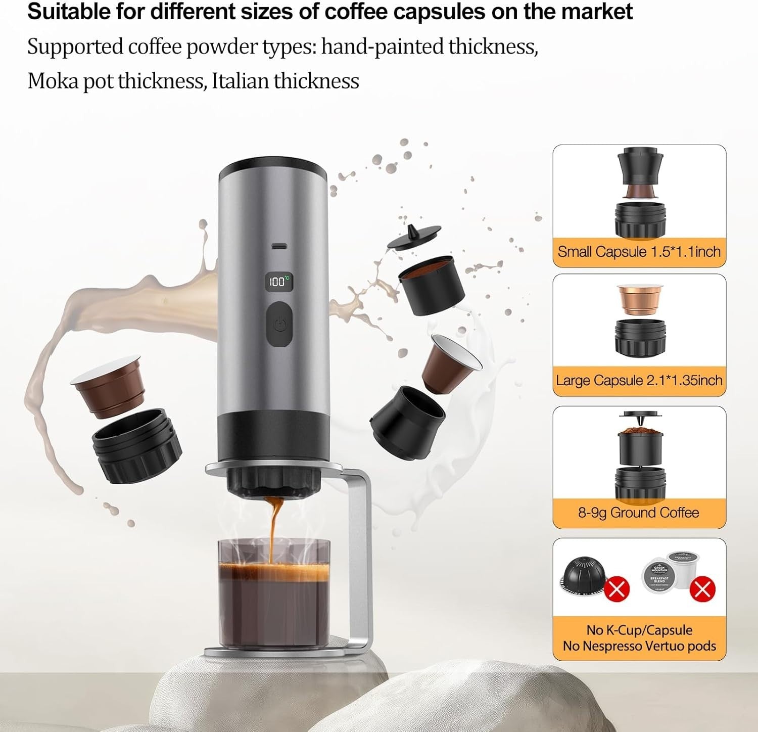 Portable Self-Heating Espresso Maker 20Bar Mini Travel Coffee Machine 3-in-1