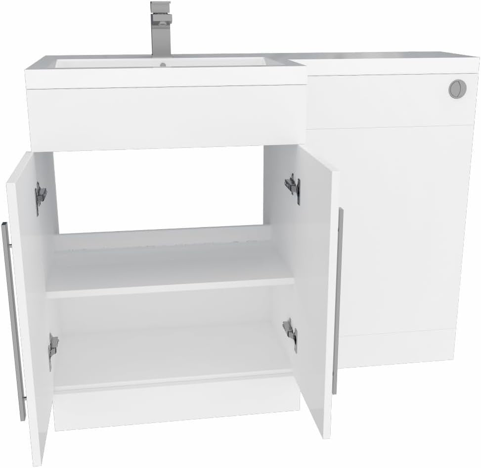 1100mm L Shape Left Hand Vanity Unit with Basin Sink & BTW Toilet Gloss White