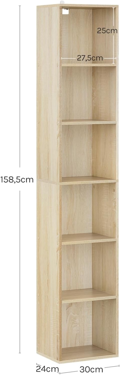 Tall Oak Bookcase 6 Cube Shelf Unit Modern Slim Storage for Living Room Bedroom