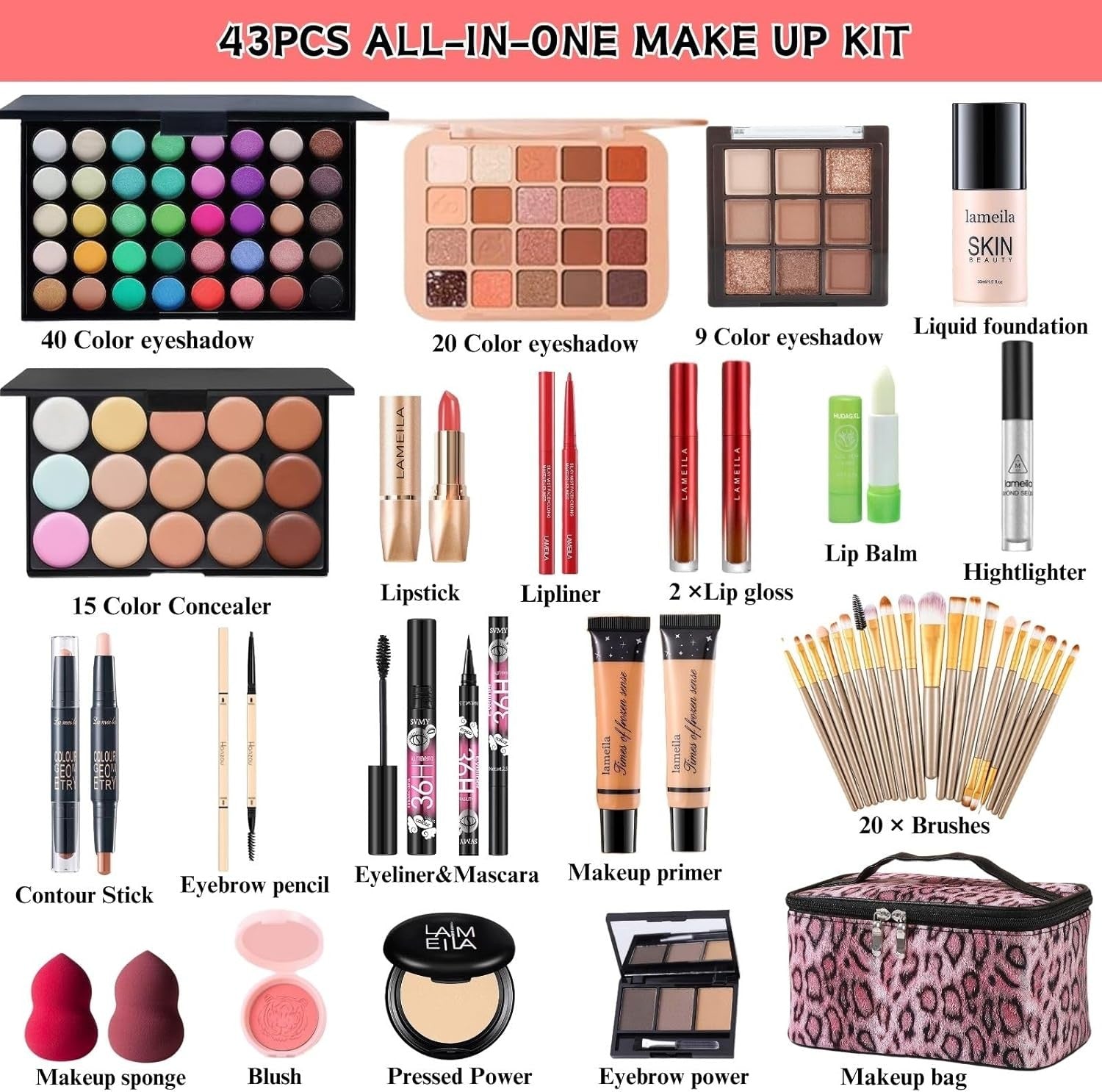 All-in-One 44PCS Makeup Kit for Women – Eyeshadow, Lipstick & Brushes