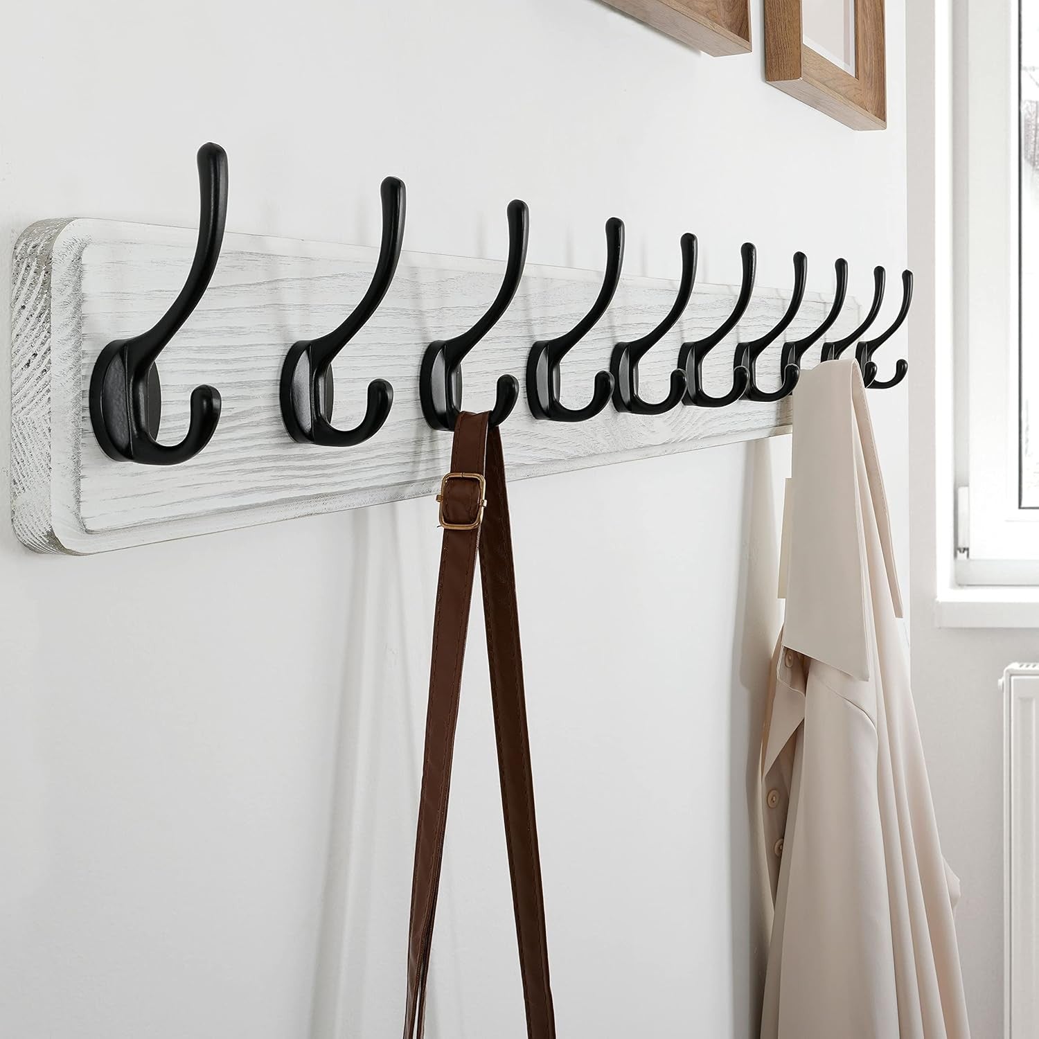 White Wood Wall Mounted Coat Rack with 10 Hooks | Farmhouse Hallway Hanger