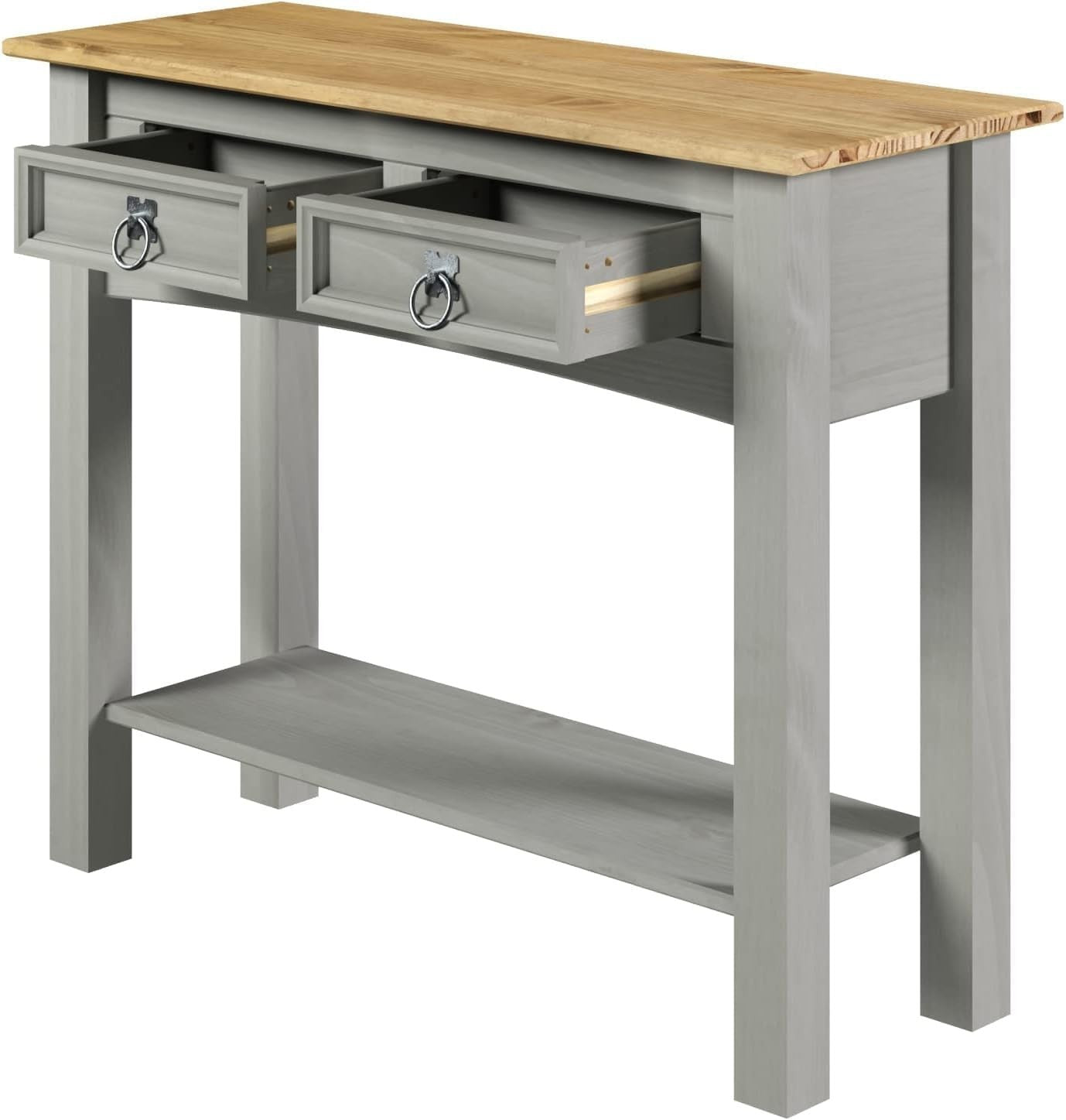Grey Pine Console Table with 2 Drawers – Storage & Writing Desk