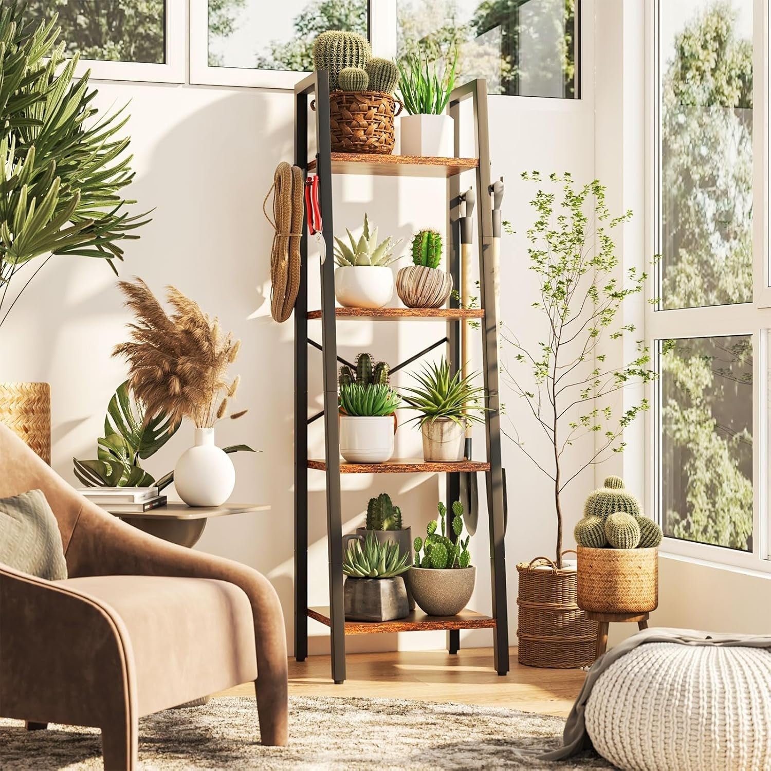 Industrial Ladder Bookshelf 4 Tier Freestanding Storage Shelf Space Saver