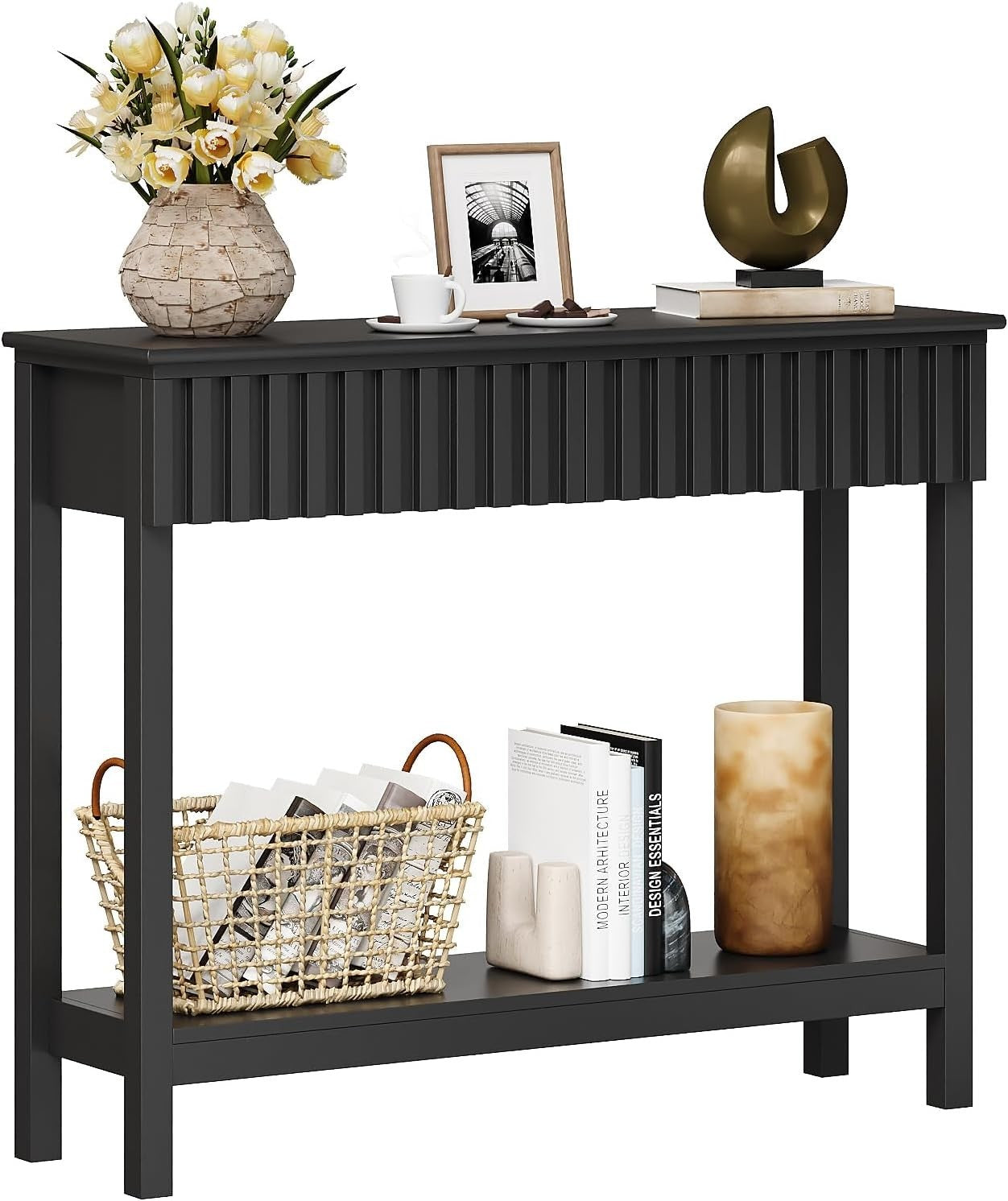 Narrow Fluted Console Table with 2 Drawers & Open Shelf, 81.5cm H