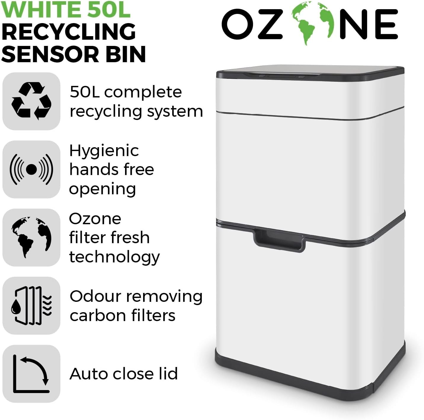 50L Touchless Recycling Bin | Automatic Sensor Trash Can White