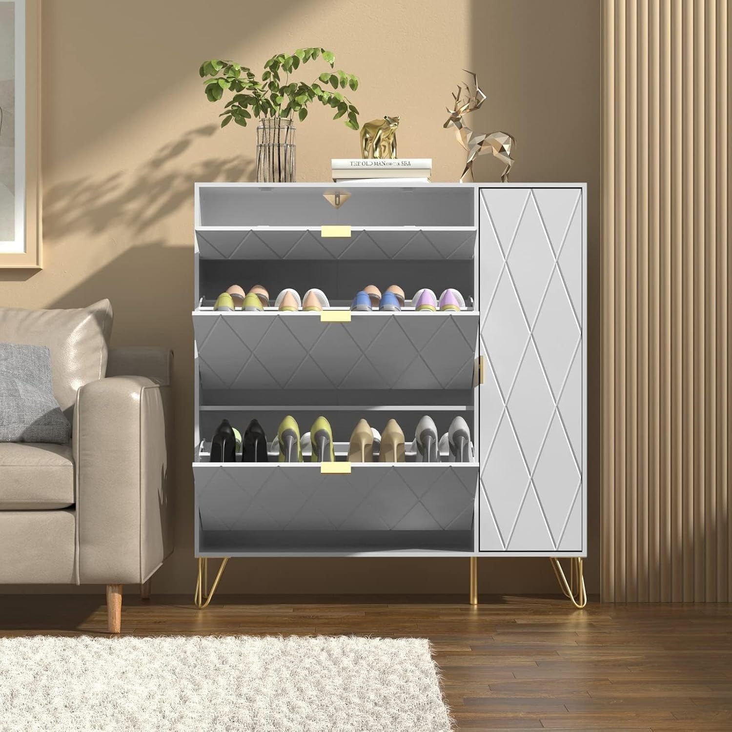 Narrow Shoe Cabinet 16 Pair Storage w/ Hidden Shelf & Boot Space – White