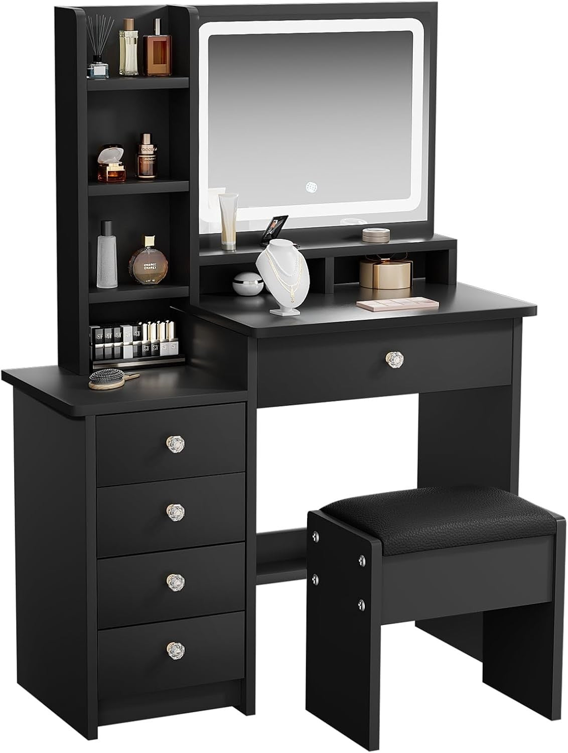 Black Vanity Table LED Mirror 5 Drawers Makeup Desk Dressing Table Stool Set