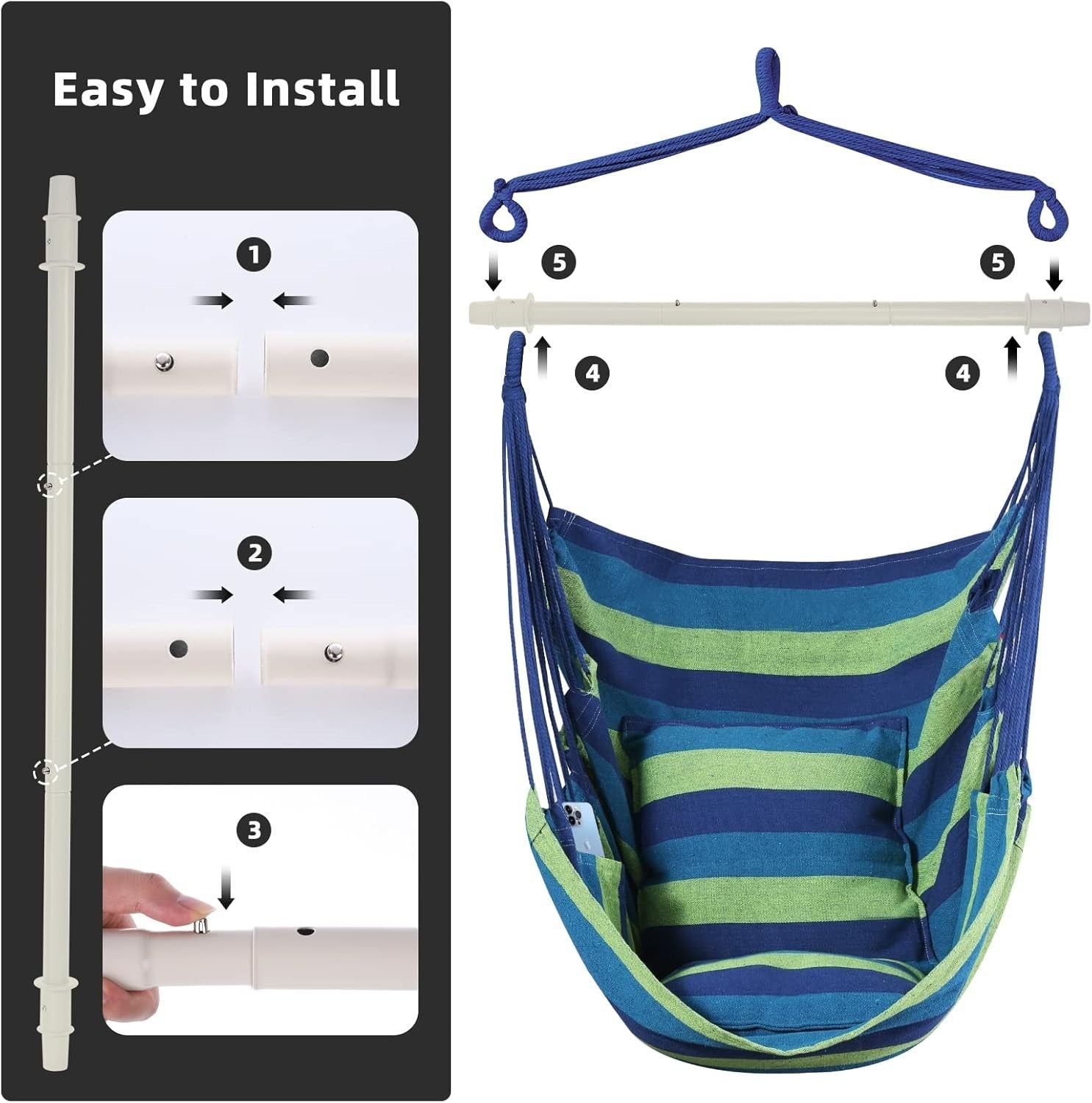Cotton Hammock Swing Chair with Cushions, Detachable Support Bar, Portable