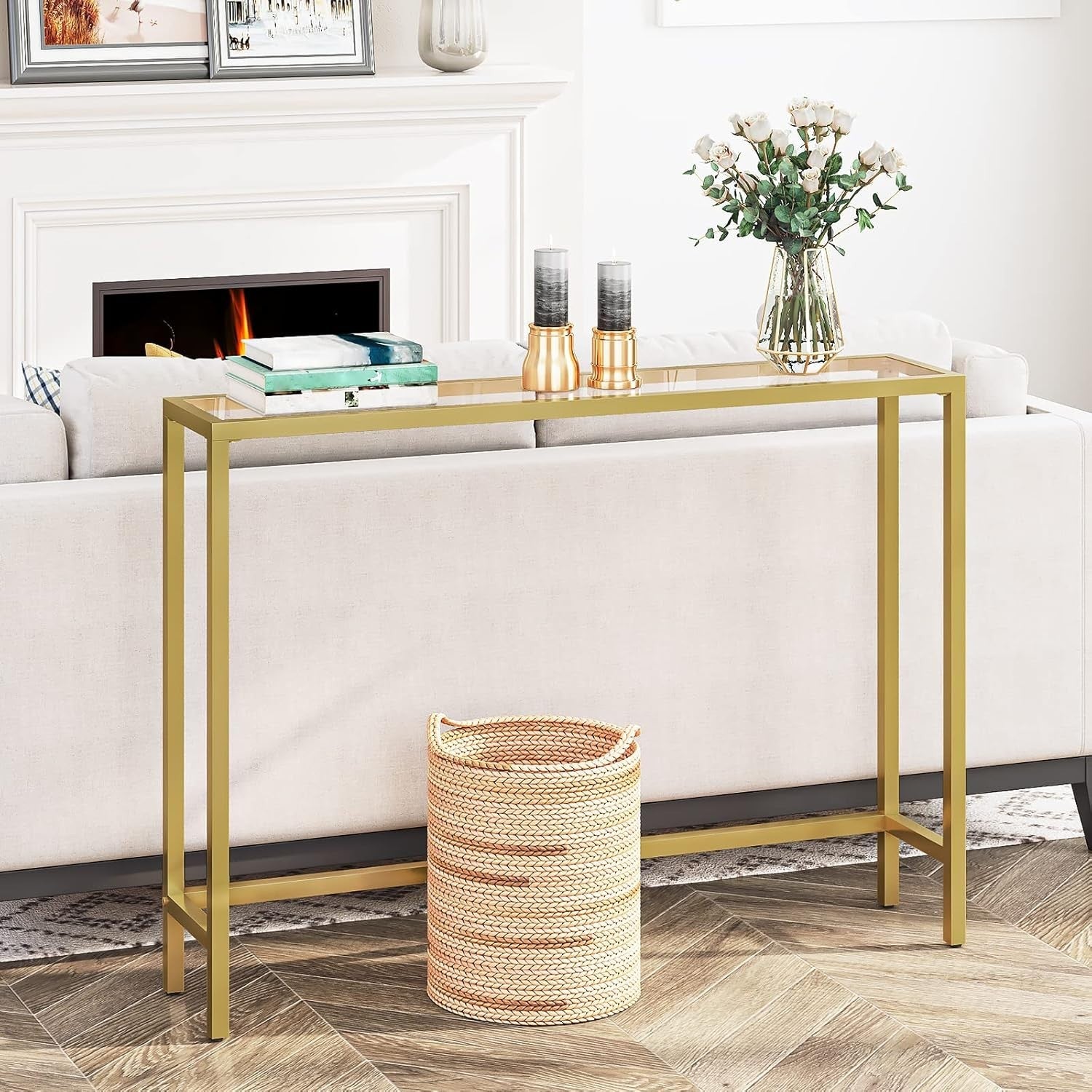 Slim Gold Console Table with Tempered Glass, Adjustable Feet, 100x22x80 cm