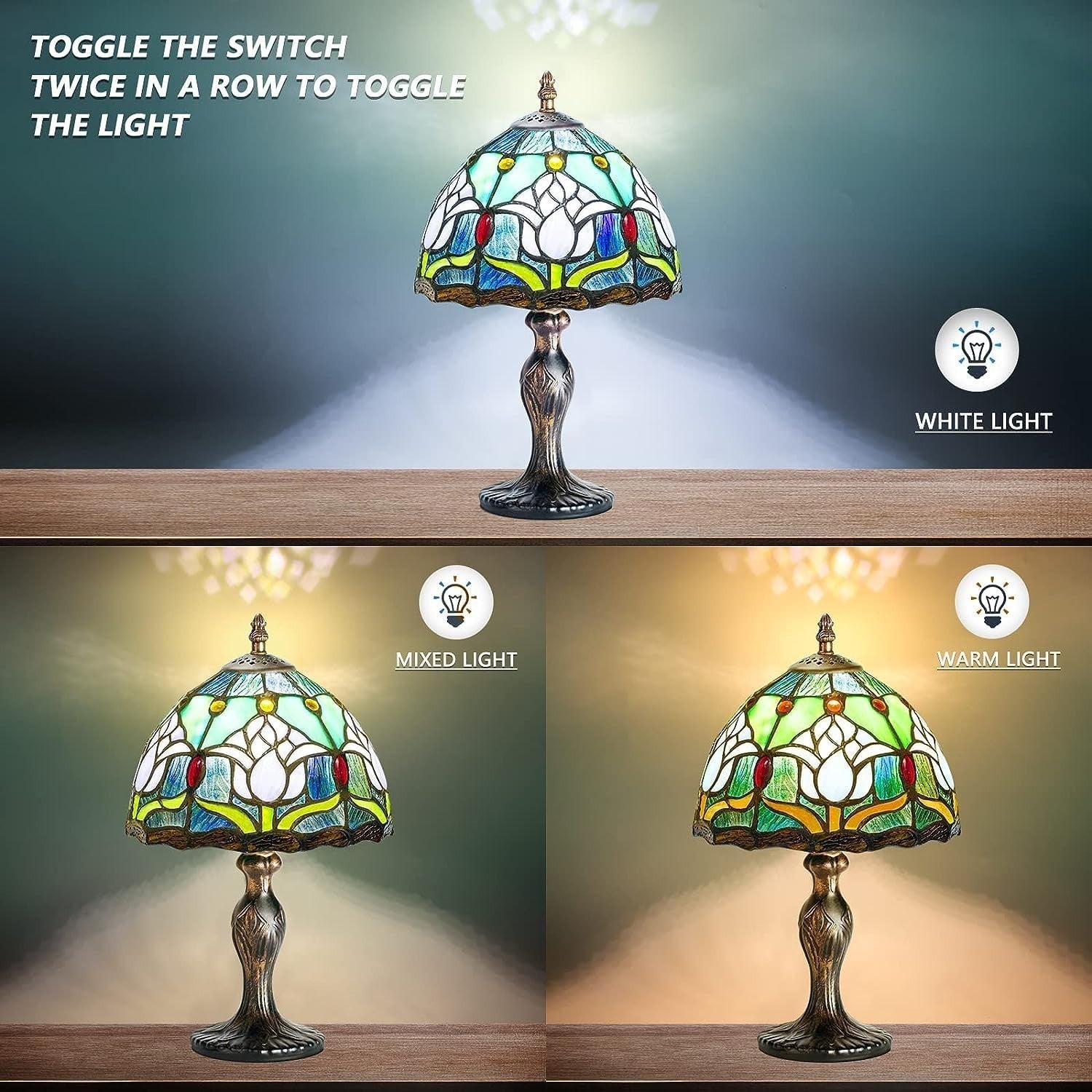 Vintage Stained Glass Table Lamp Blue Tulip Light for Bedroom Office