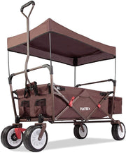 Brown Folding Wagon w/ Canopy Compact Pull Cart Garden Trolley w/ Rear Bag