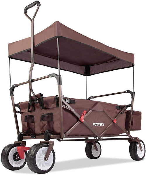 Brown Folding Wagon w/ Canopy Compact Pull Cart Garden Trolley w/ Rear Bag