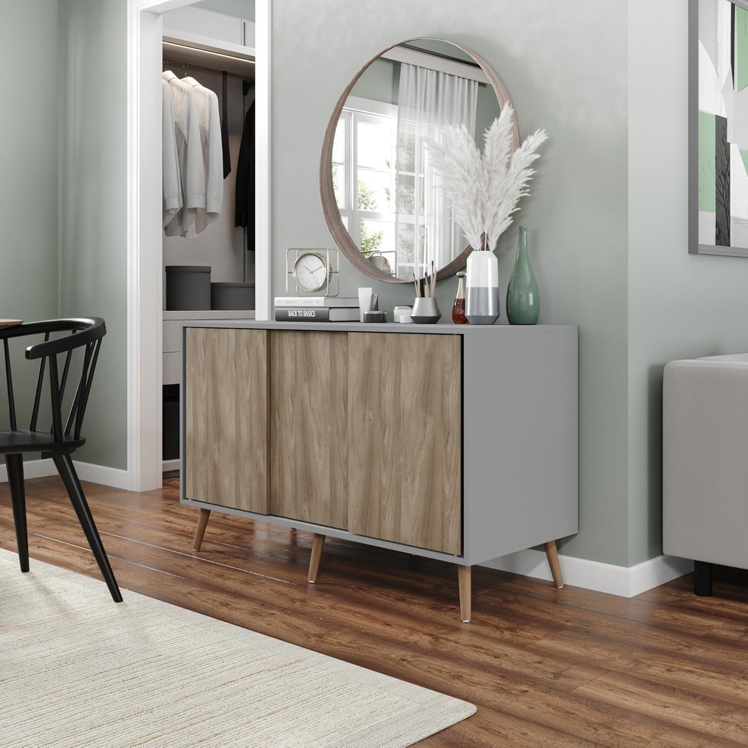 Modern Sideboard Cabinet Storage Unit Grey Oak 3 Door Sliding Pine Legs