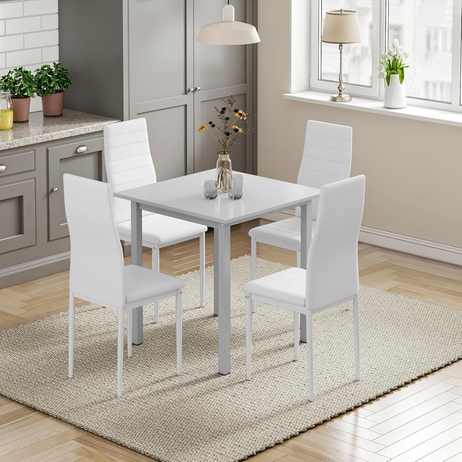 Modern Grey Dining Table Set with 4 Faux Leather Chairs – Compact & Durable
