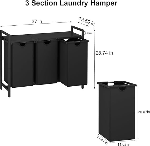 Rustic Brown 3 Section Laundry Hamper with Removable Bags & Wood Top Shelf