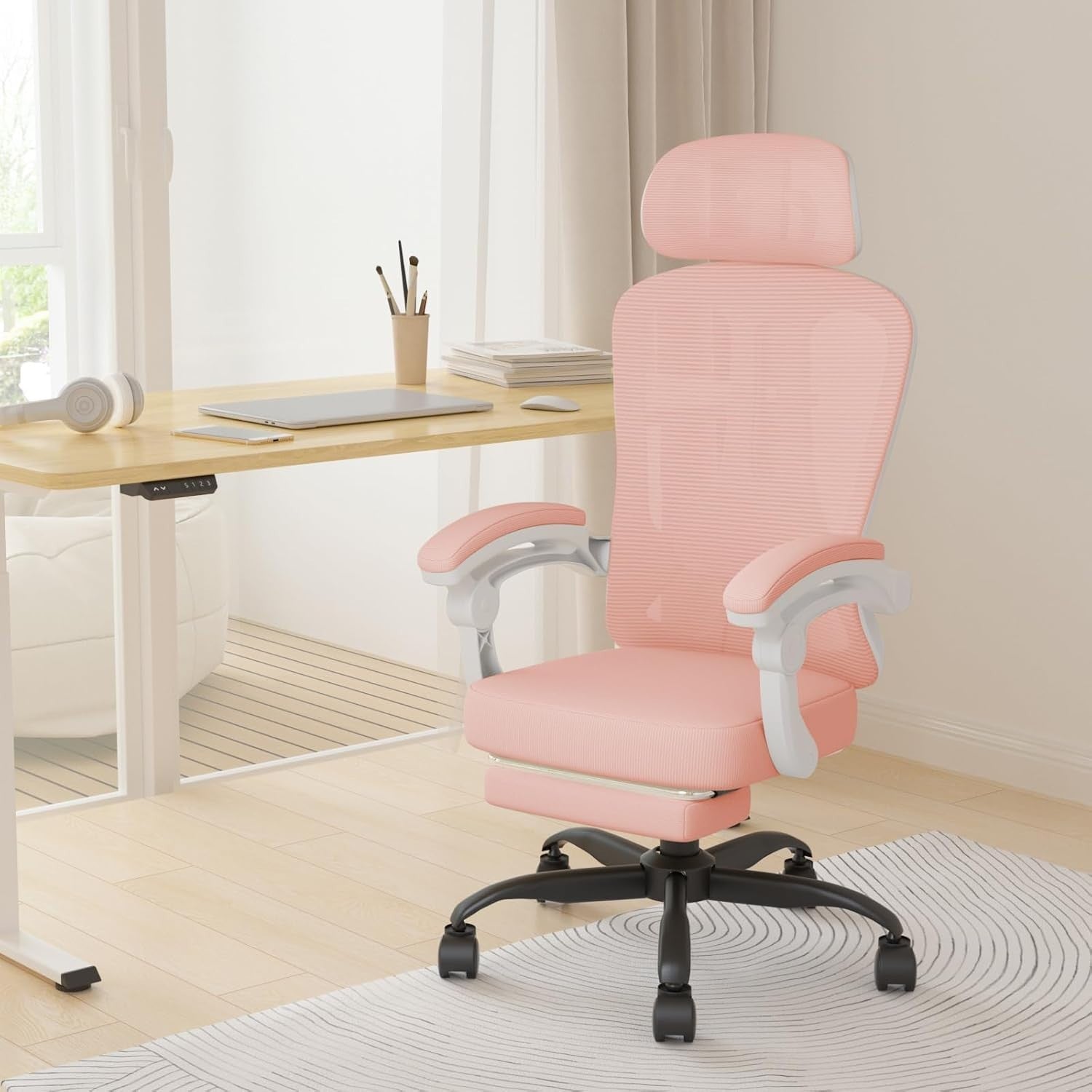 Ergonomic Office Chair Mesh Pink Gaming Desk Chair Retractable Footrest