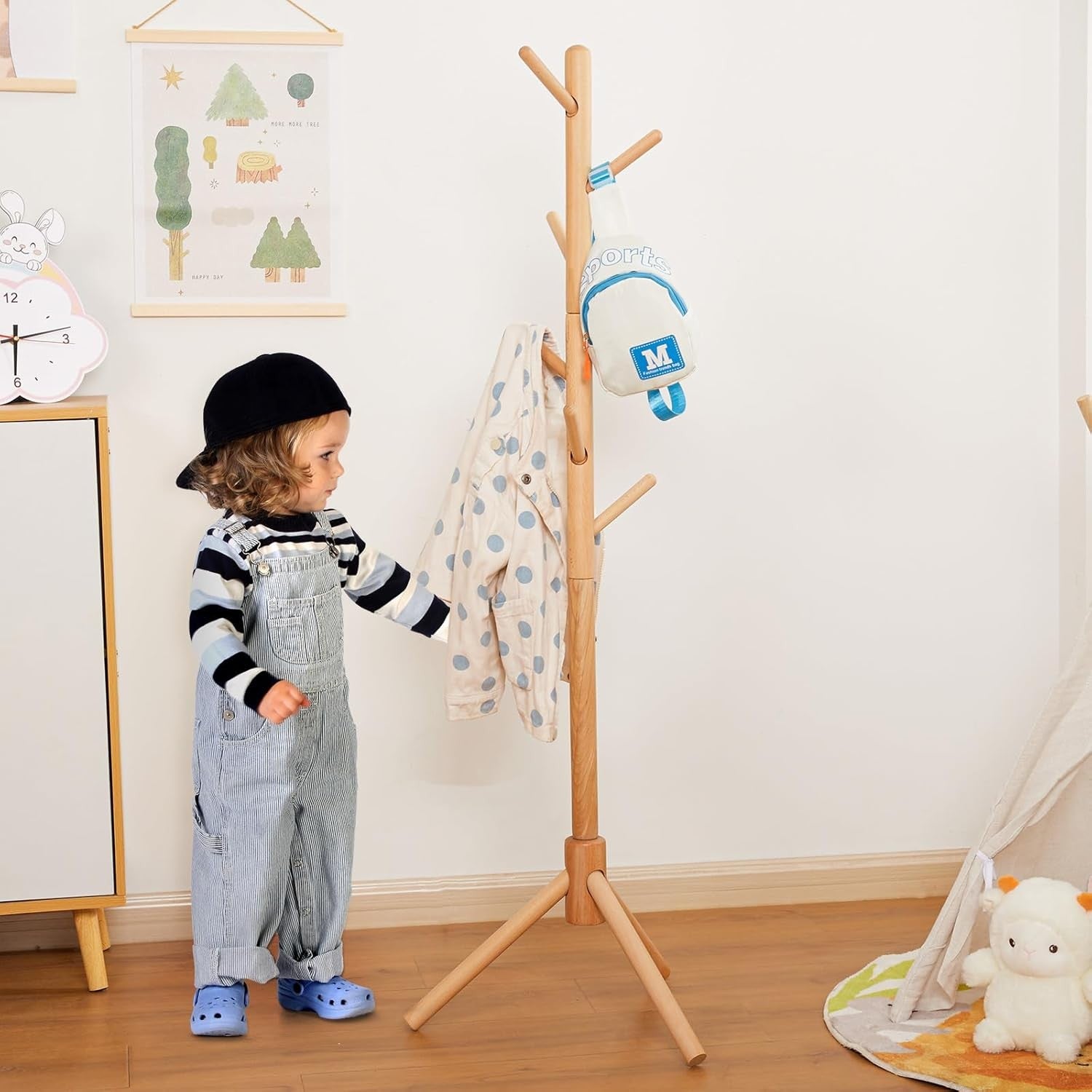 Kids Adjustable Wooden Coat Stand | 9 Hook Beech Wood Freestanding Rack