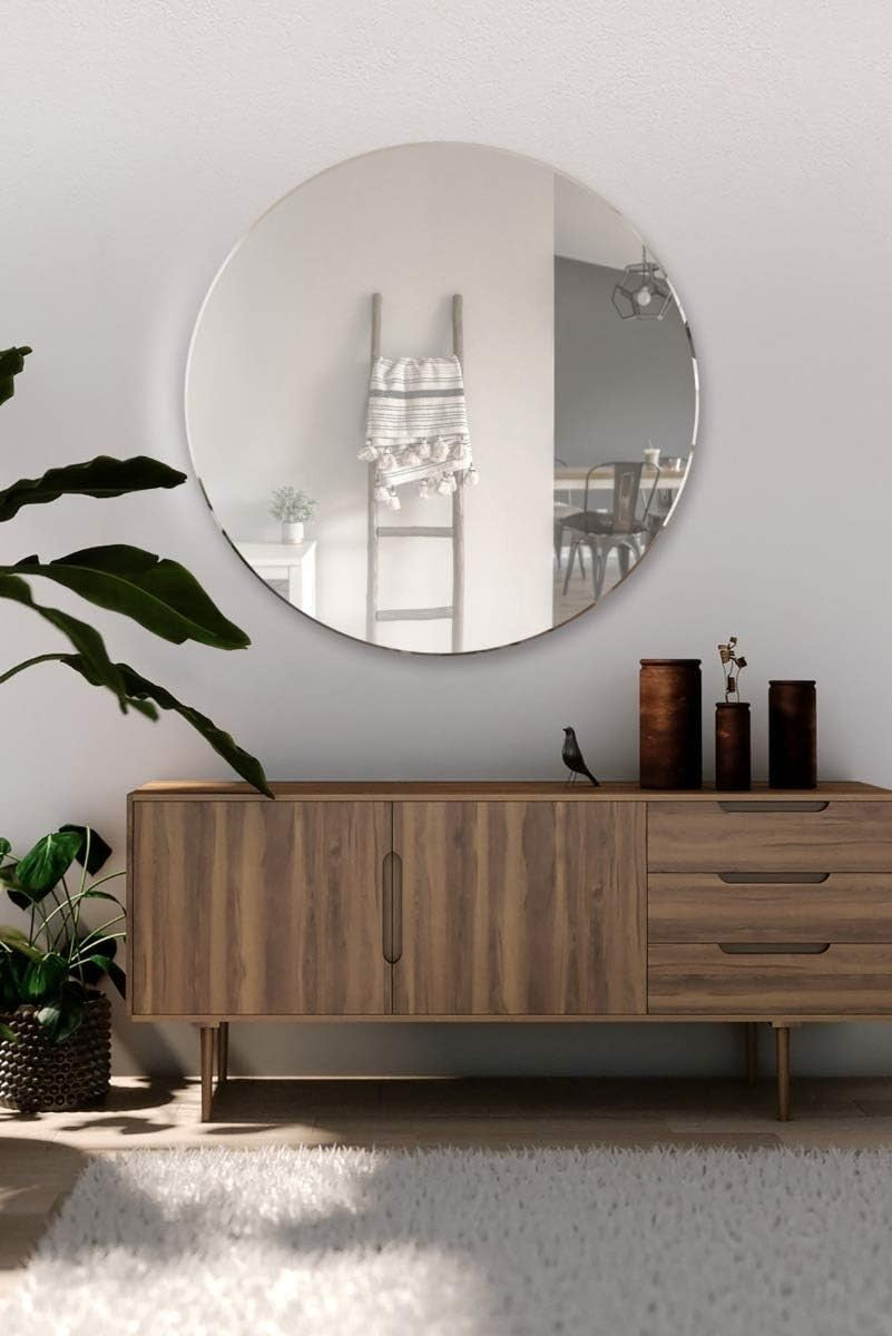 80cm Round Wall Mirror Frameless Bevelled Glass Large Modern Decor