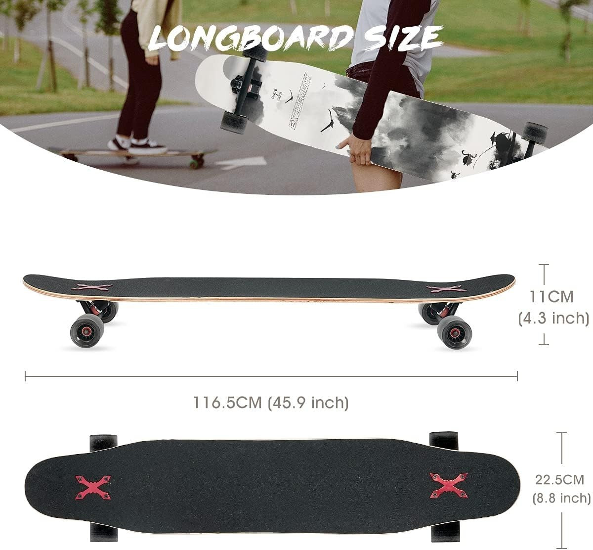 46" Longboard Skateboard Complete 8-Layer Maple Wood Deck for Teens & Adults