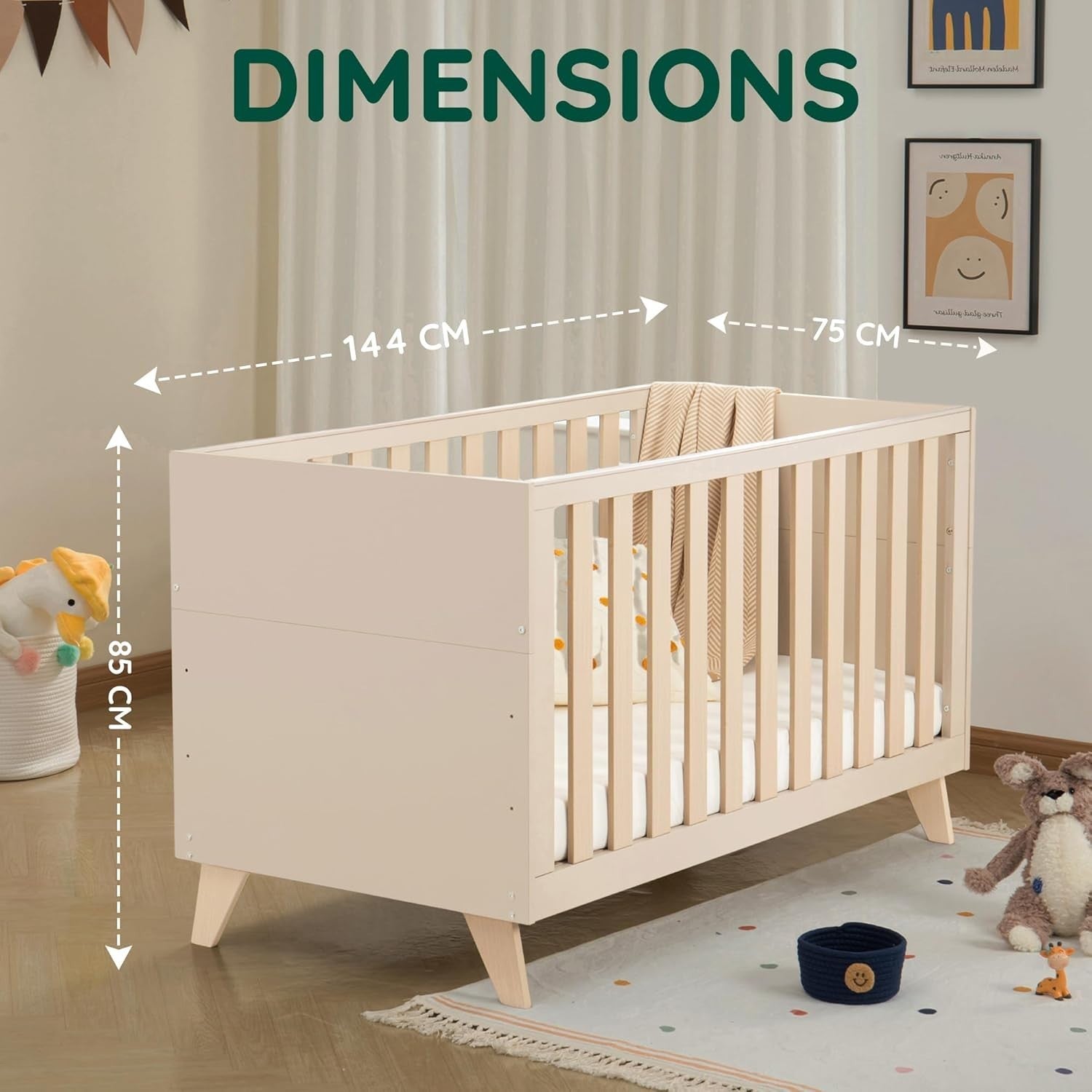 3in1 Convertible Toddler Bed Baby Cot Bed & Sofa Adjustable Height Teething Rail