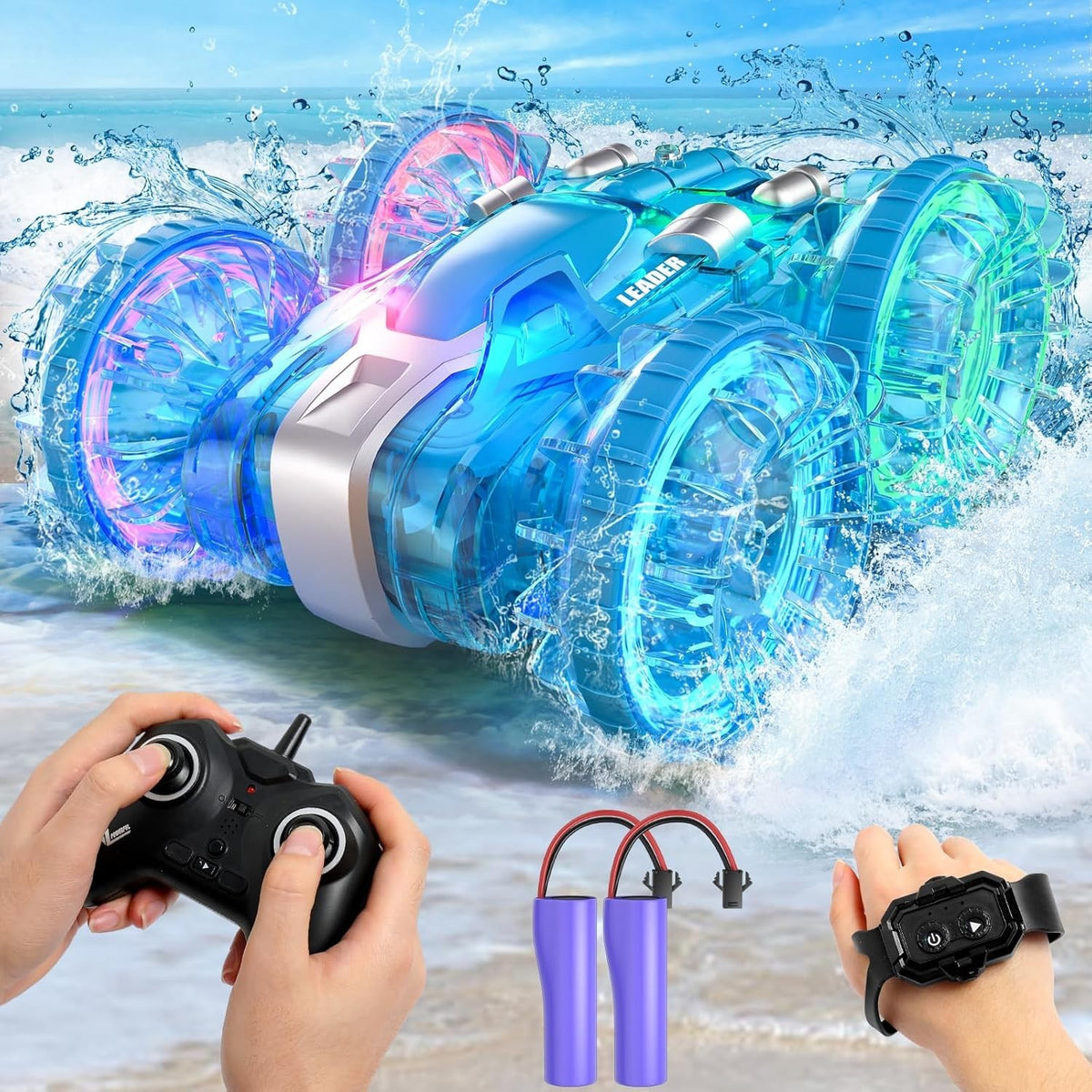 Waterproof RC Stunt Car 4WD 360° Rotation Dual Remote Control Toy – LED Lights