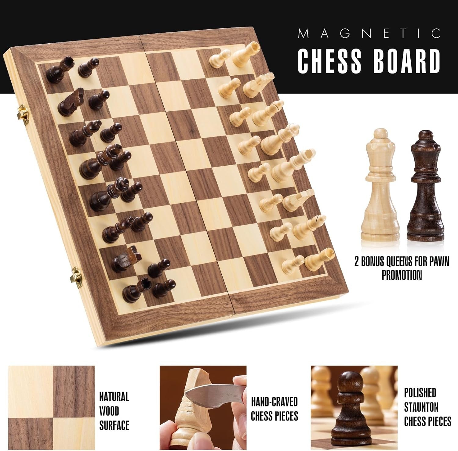 15" Magnetic Wooden Chess Set Folding Staunton Board with Storage & Bag