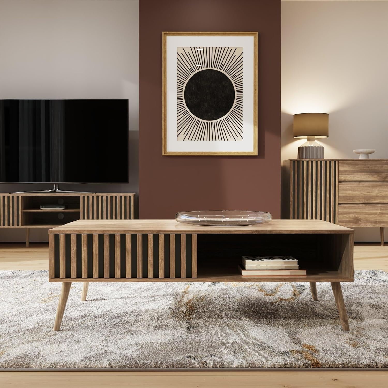 Modern Oak Coffee Table with Drawer & Shelf | Living Room Storage Display 119cm