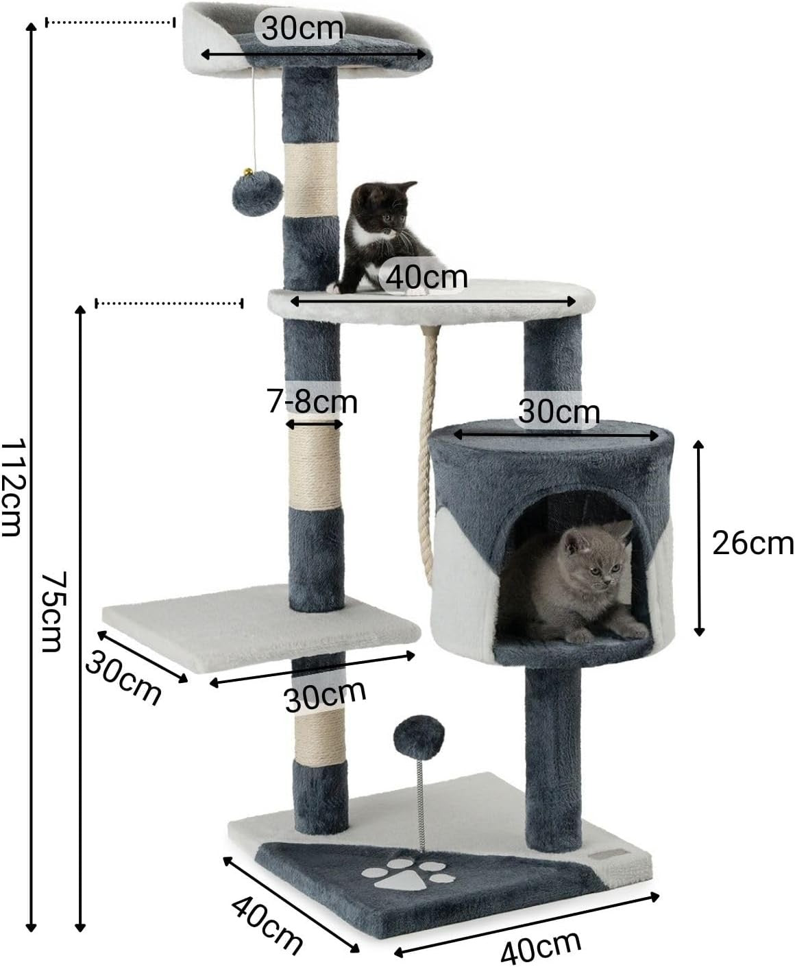 Cat Tree Scratching Post 112cm Condo Tower Sisal Rope Grey White