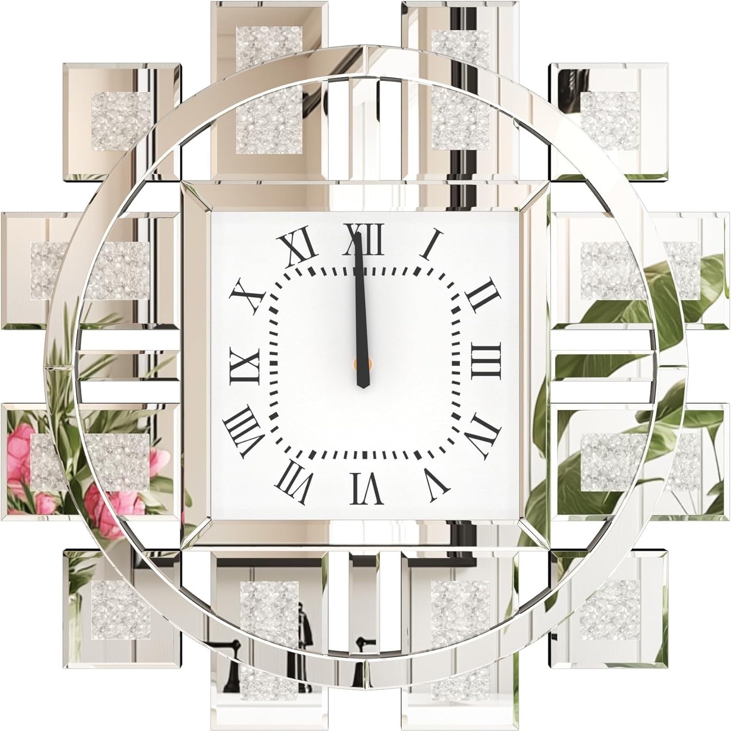 60cm Mirrored Wall Clock Crushed Diamond Inlay Roman Numerals Silent
