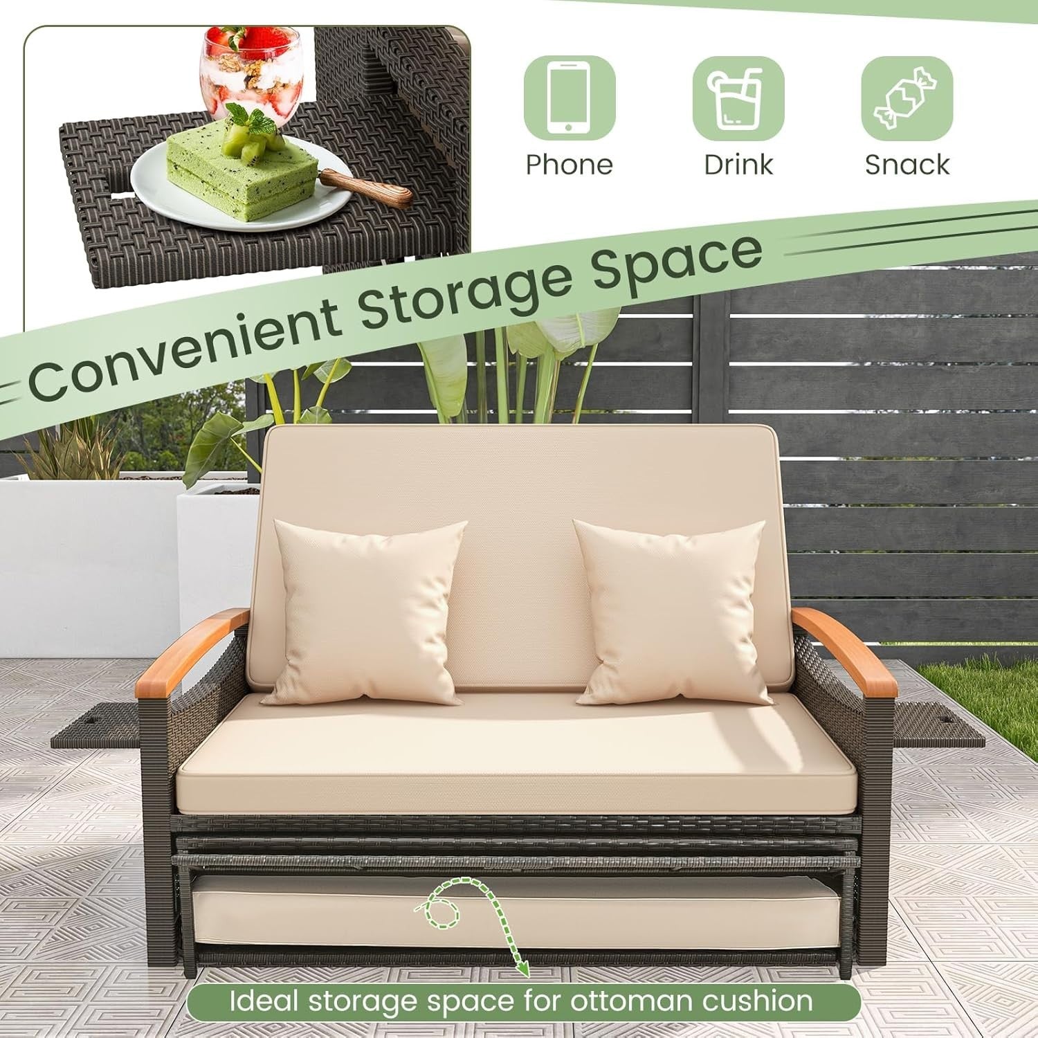 3-in-1 Outdoor Rattan Daybed with Adjustable Back, Storage & Side Trays