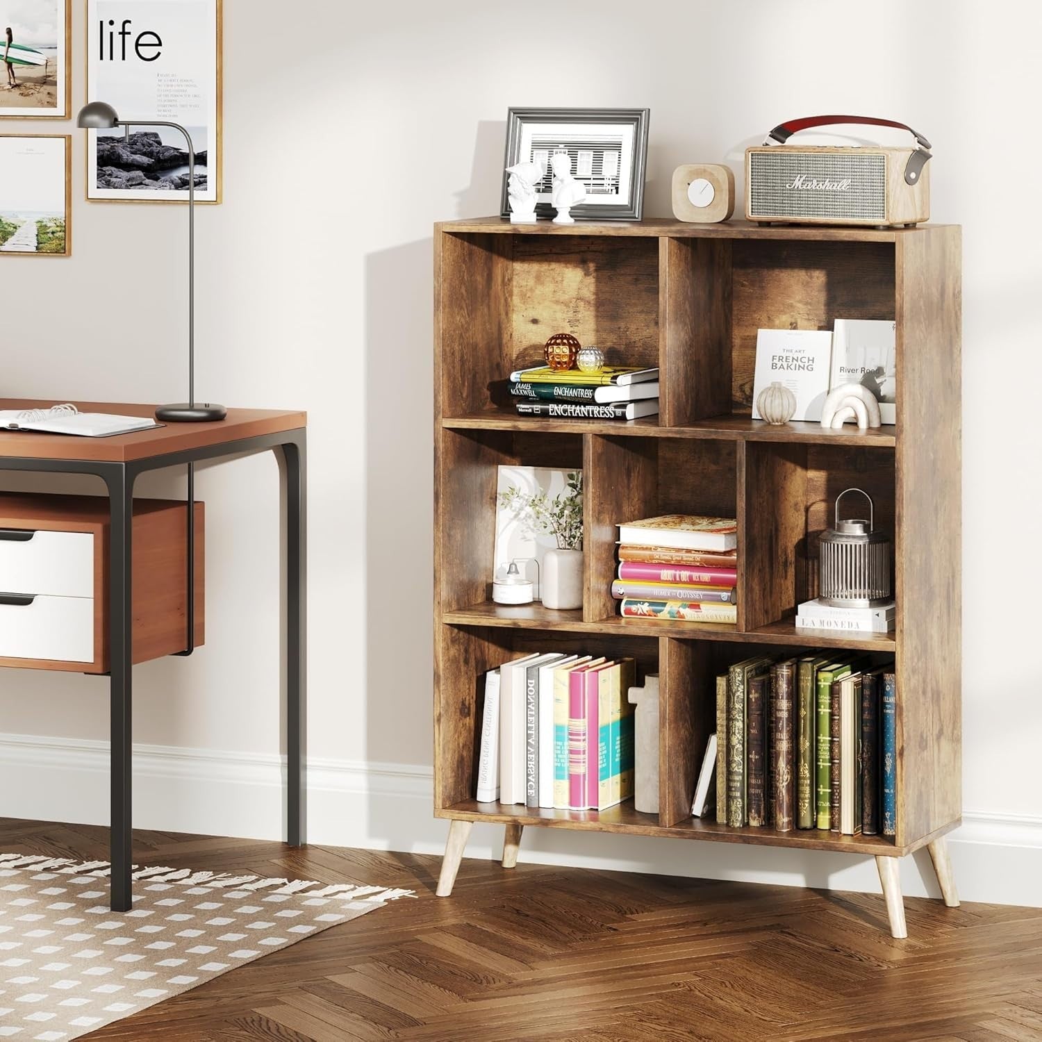 7 Cube Rustic Wooden Bookcase Modern 3 Tier Storage Shelf with Legs 80x24x107cm